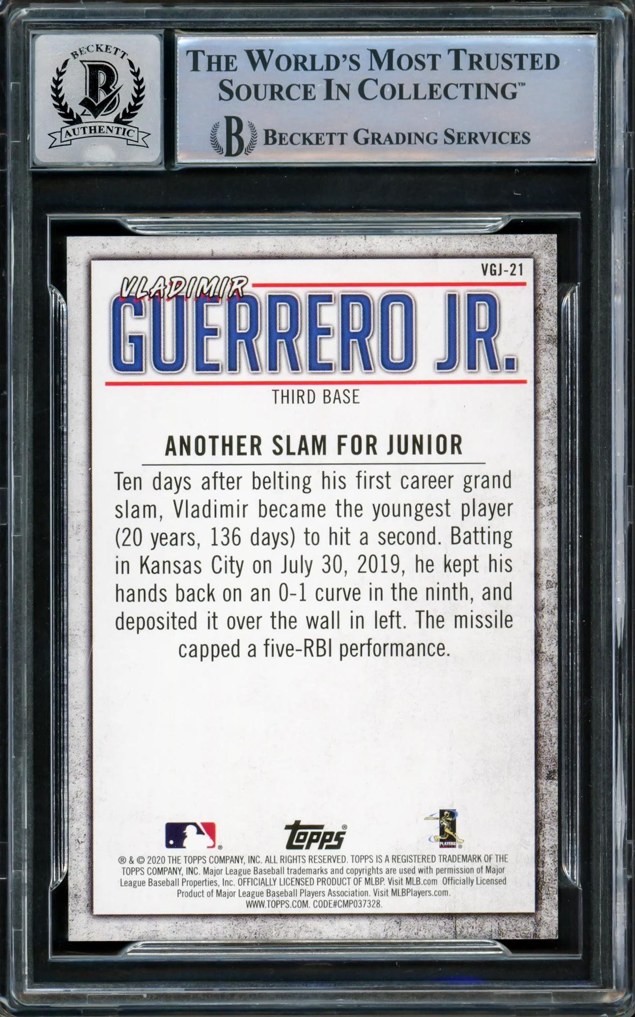 Vladimir Guerrero Jr. Autographed 2020 Topps Highlights Card #VGJ-21 Toronto Blue Jays Auto Grade Gem Mint 10 Beckett BAS #15859542 - Image 2