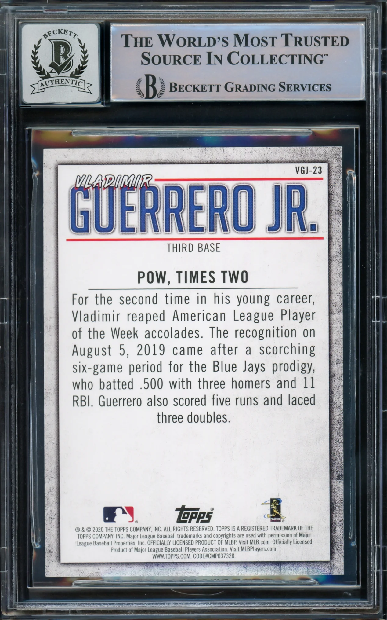 Vladimir Guerrero Jr. Autographed 2020 Topps Highlights Card #VGJ-23 Toronto Blue Jays Auto Grade Gem Mint 10 Beckett BAS #15772905 - Image 2