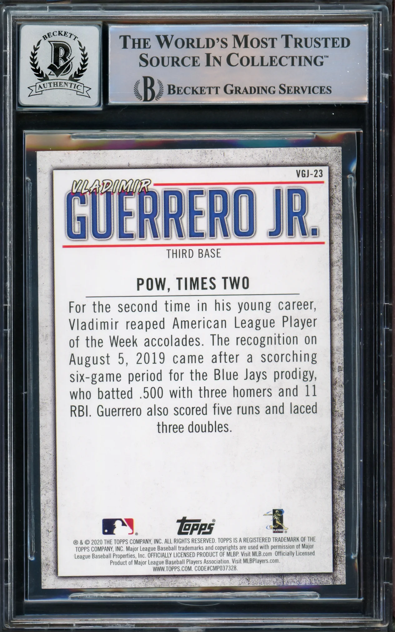 Vladimir Guerrero Jr. Autographed 2020 Topps Highlights Card #VGJ-23 Toronto Blue Jays Auto Grade Gem Mint 10 Beckett BAS #15772906 - Image 2