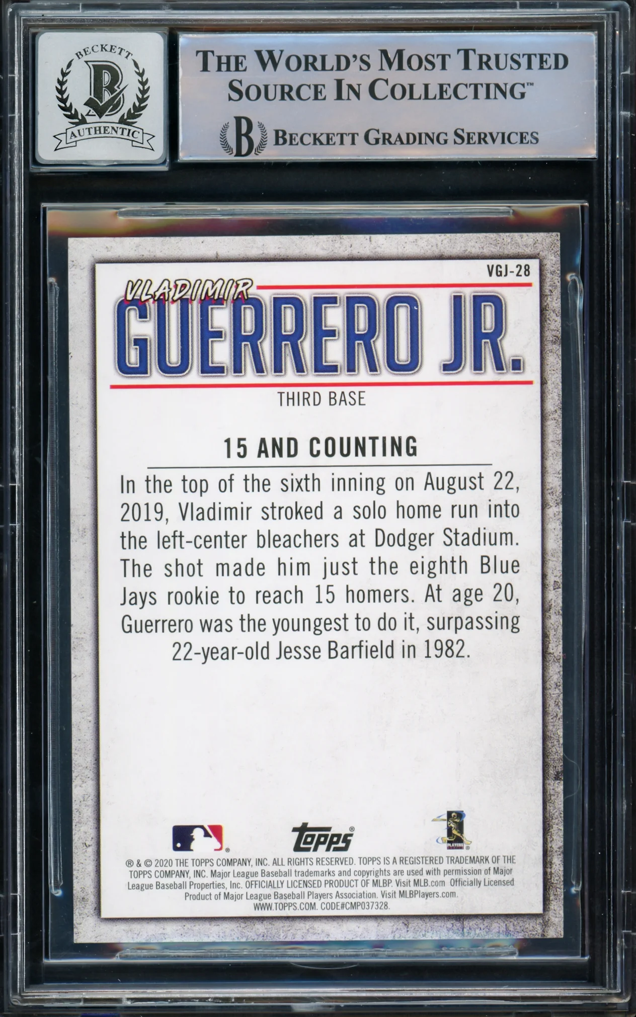 Vladimir Guerrero Jr. Autographed 2020 Topps Highlights Card #VGJ-28 Toronto Blue Jays Auto Grade Gem Mint 10 Beckett BAS #15772910 - Image 2