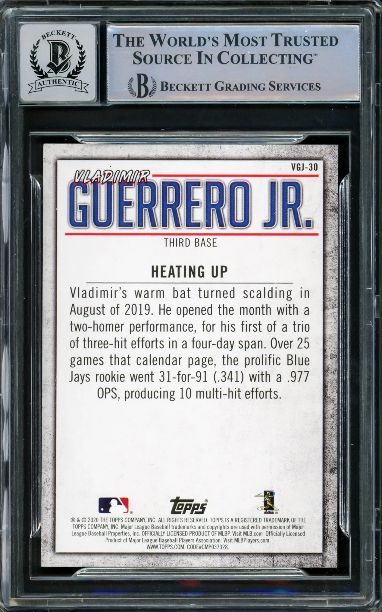 Vladimir Guerrero Jr. Autographed 2020 Topps Highlights Card #VGJ-30 Toronto Blue Jays Auto Grade Gem Mint 10 Beckett BAS #15859543 - Image 2