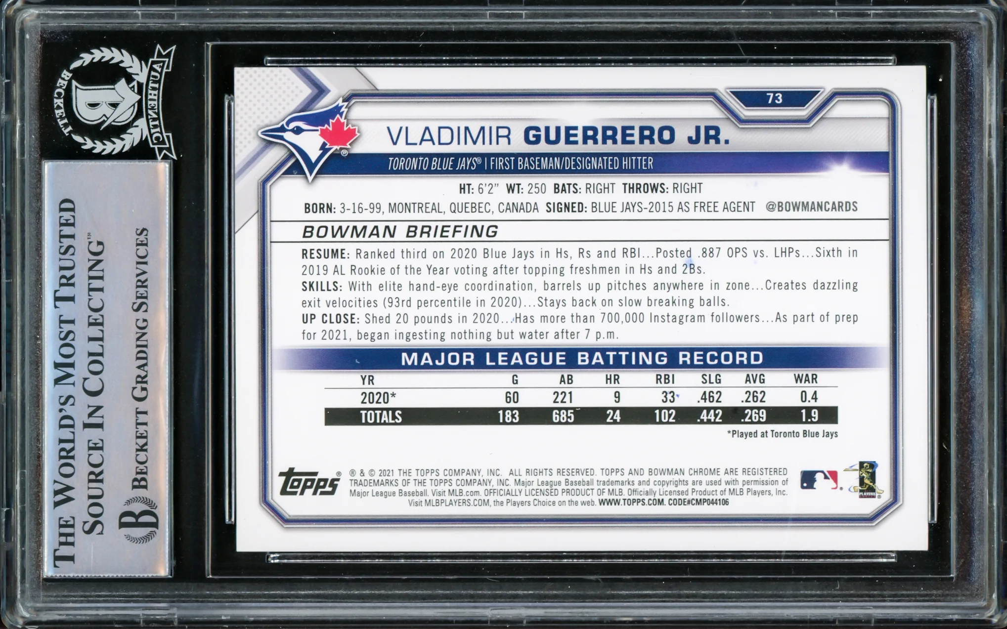 Vladimir Guerrero Jr. Autographed 2021 Bowman Card #73 Toronto Blue Jays Beckett BAS #15866540 - Image 2