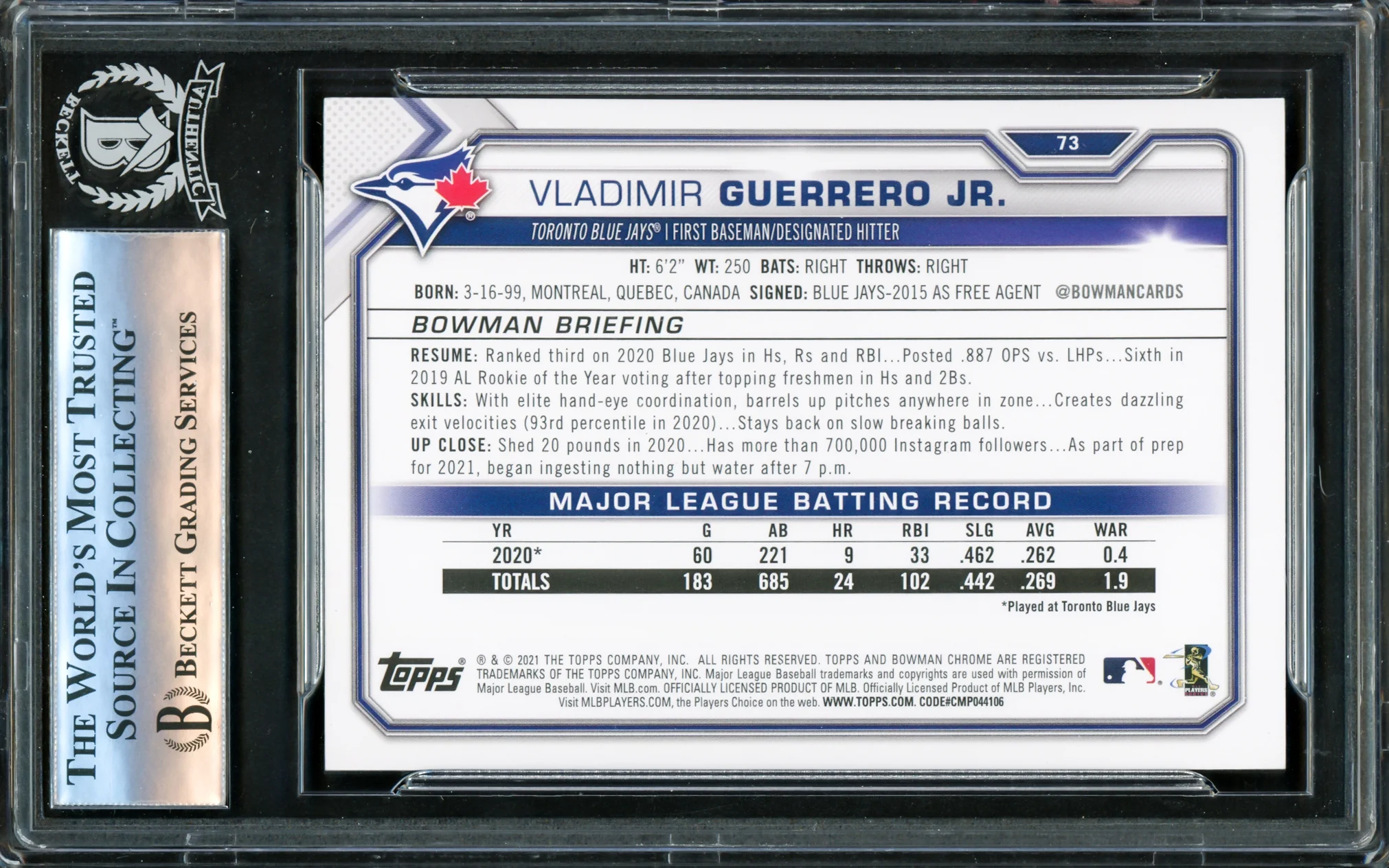 Vladimir Guerrero Jr. Autographed 2021 Bowman Card #73 Toronto Blue Jays Beckett BAS #16176127 - Image 2