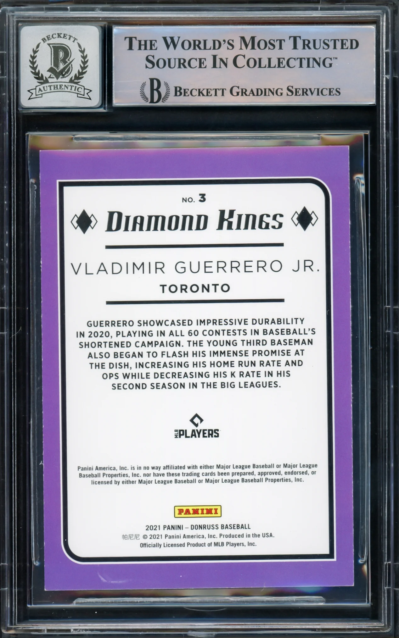 Vladimir Guerrero Jr. Autographed 2021 Donruss Diamond Kings Card #3 Toronto Blue Jays Auto Grade Gem Mint 10 Beckett BAS #15772948 - Image 2