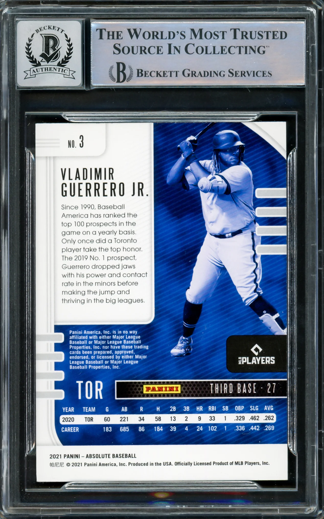 Vladimir Guerrero Jr. Autographed 2021 Panini Absolute Card #3 Toronto Blue Jays Auto Grade Gem Mint 10 Beckett BAS #15859716 - Image 2
