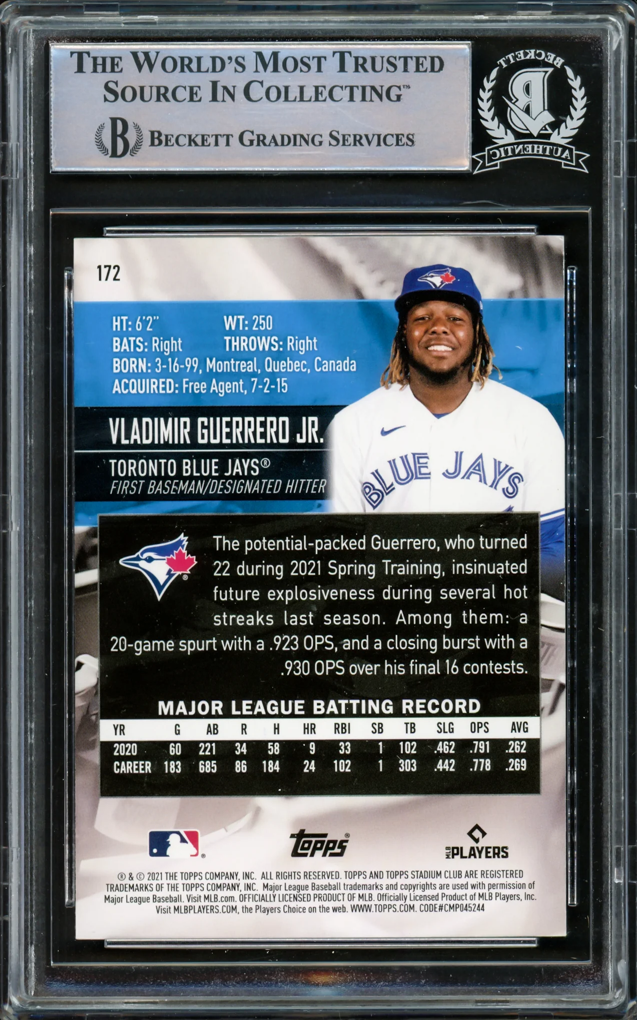 Vladimir Guerrero Jr. Autographed 2021 Stadium Club Card #172 Toronto Blue Jays Beckett BAS #15780751 - Image 2
