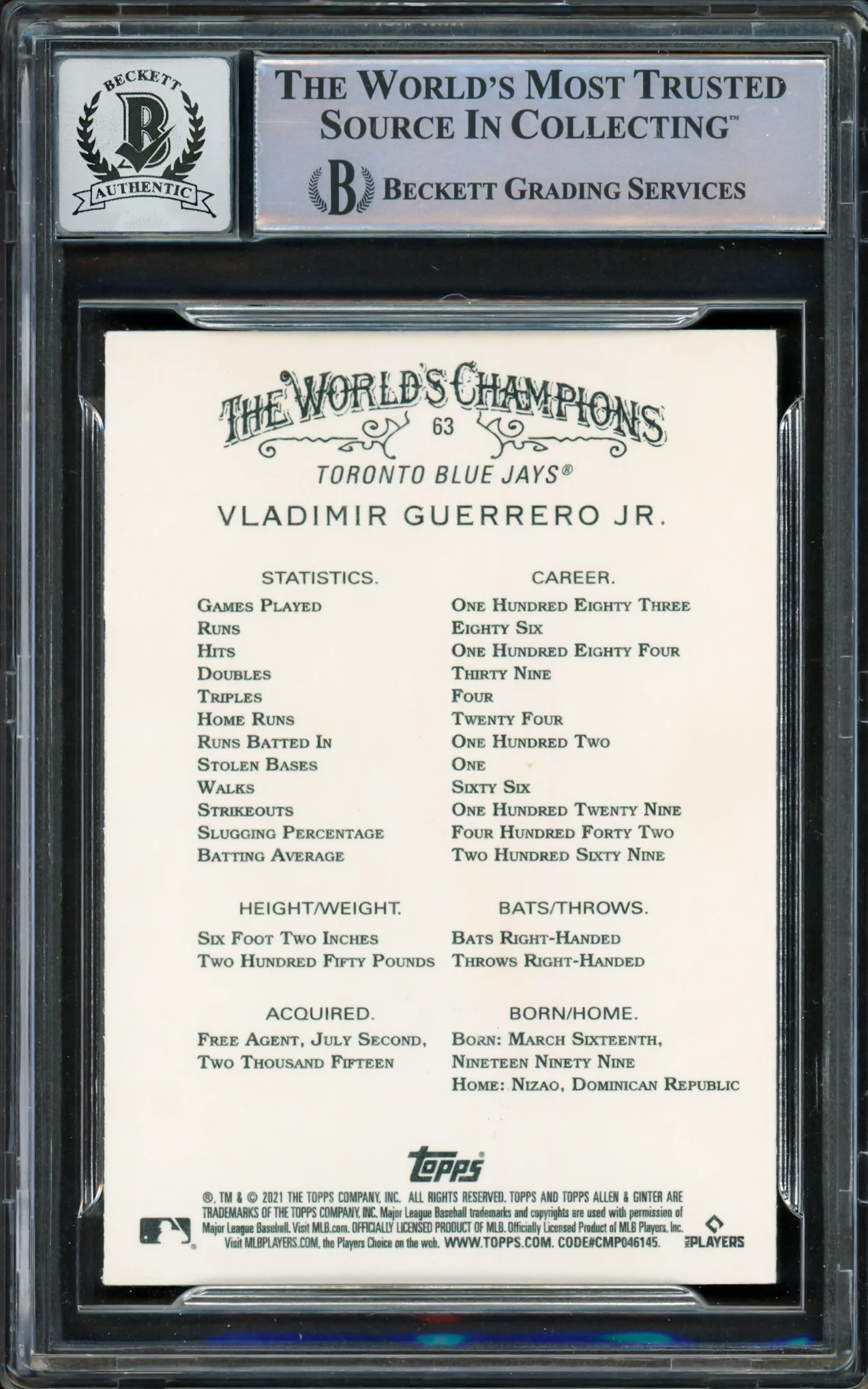 Vladimir Guerrero Jr. Autographed 2021 Topps Allen & Ginter Card #63 Toronto Blue Jays Auto Grade Gem Mint 10 Beckett BAS Stock #222870 - Image 2