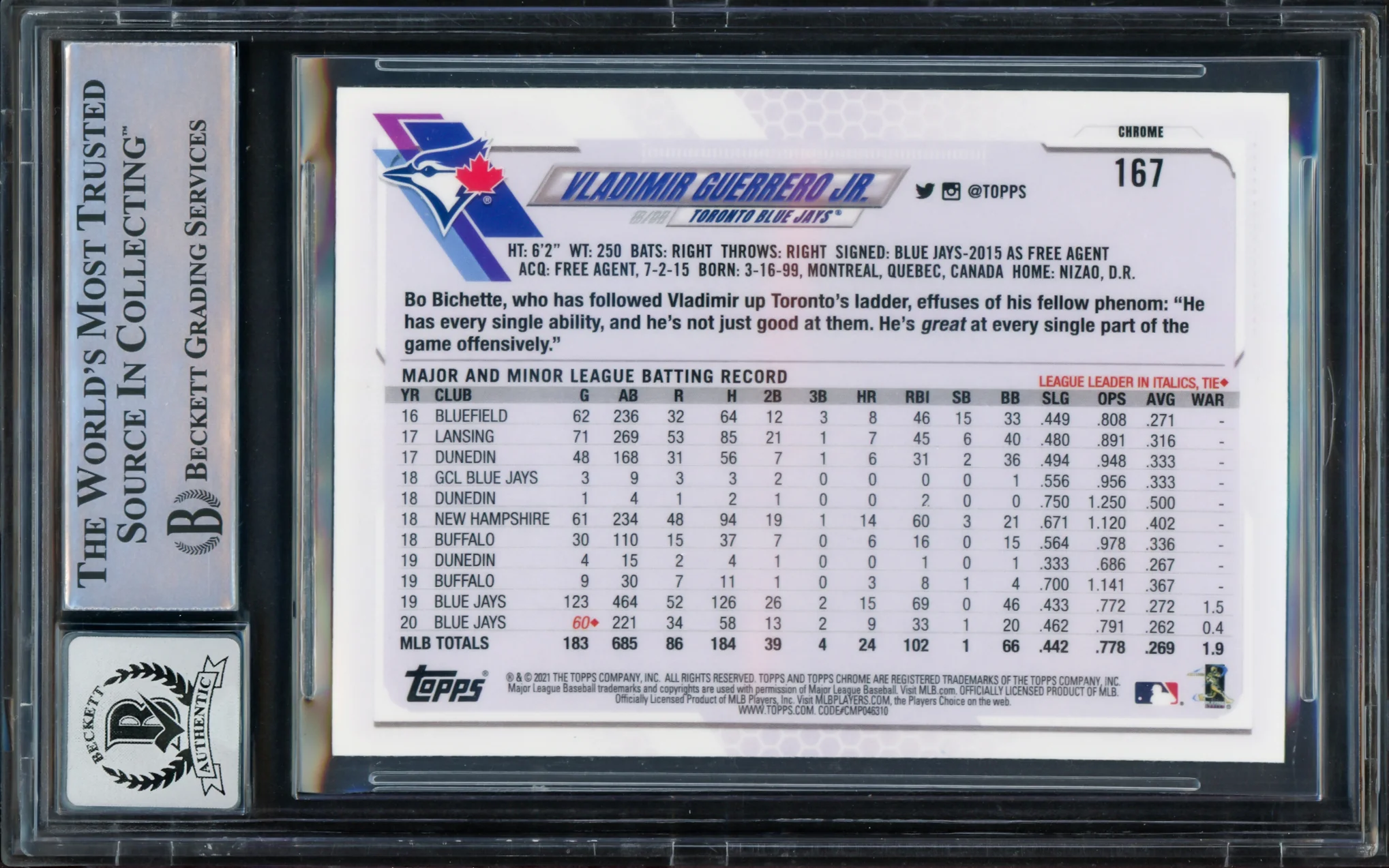 Vladimir Guerrero Jr. Autographed 2021 Topps Chrome Card #167 Toronto Blue Jays Auto Grade Gem Mint 10 Beckett BAS #16168923 - Image 2