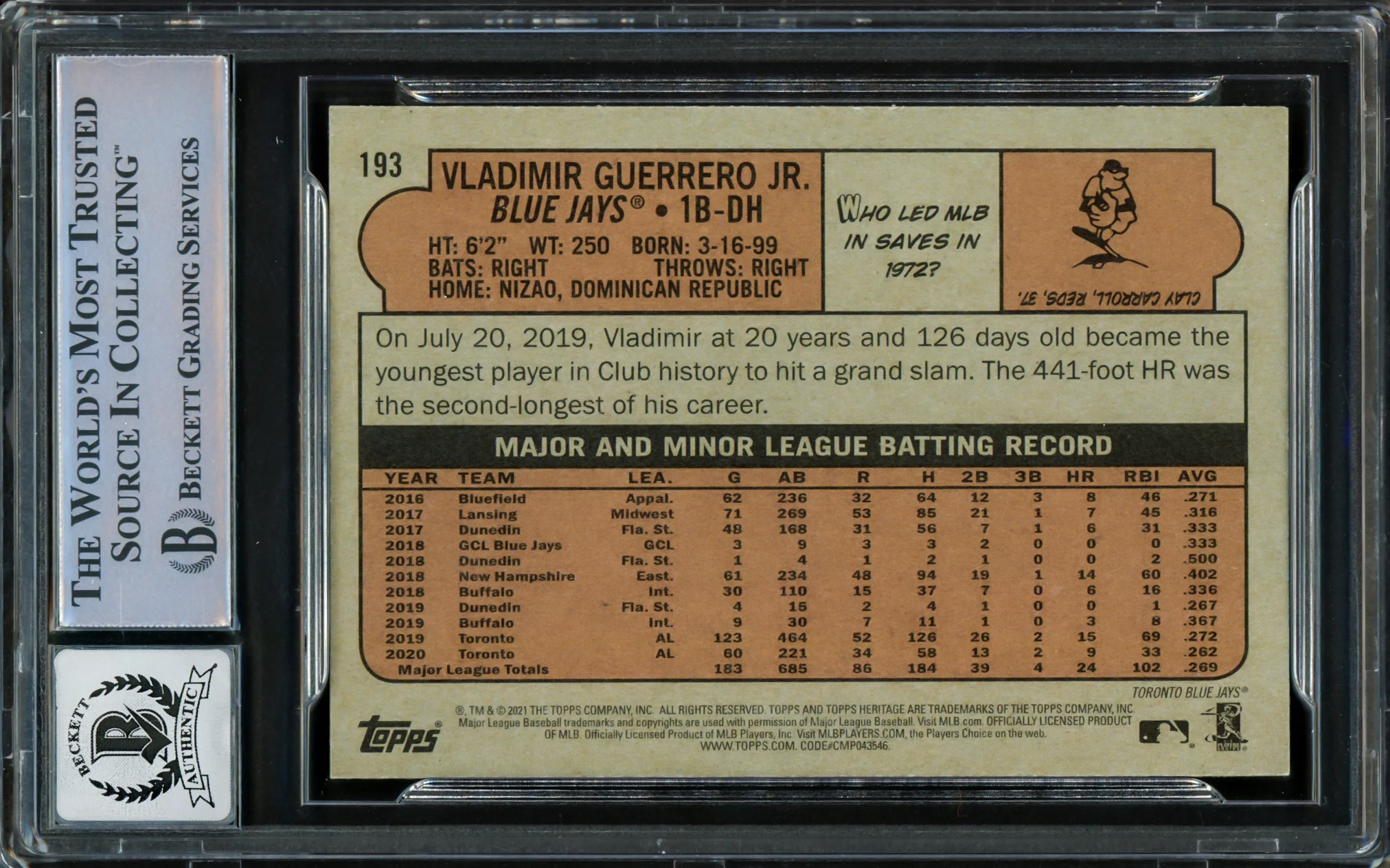 Vladimir Guerrero Jr. Autographed 2021 Topps Heritage Card #193 Toronto Blue Jays Auto Grade Gem Mint 10 Beckett BAS Stock #222873 - Image 2