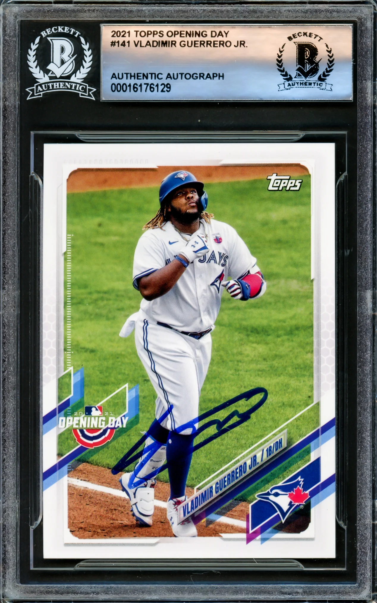 Vladimir Guerrero Jr. Autographed 2021 Topps Opening Day Card #141 Toronto Blue Jays Beckett BAS #16176129