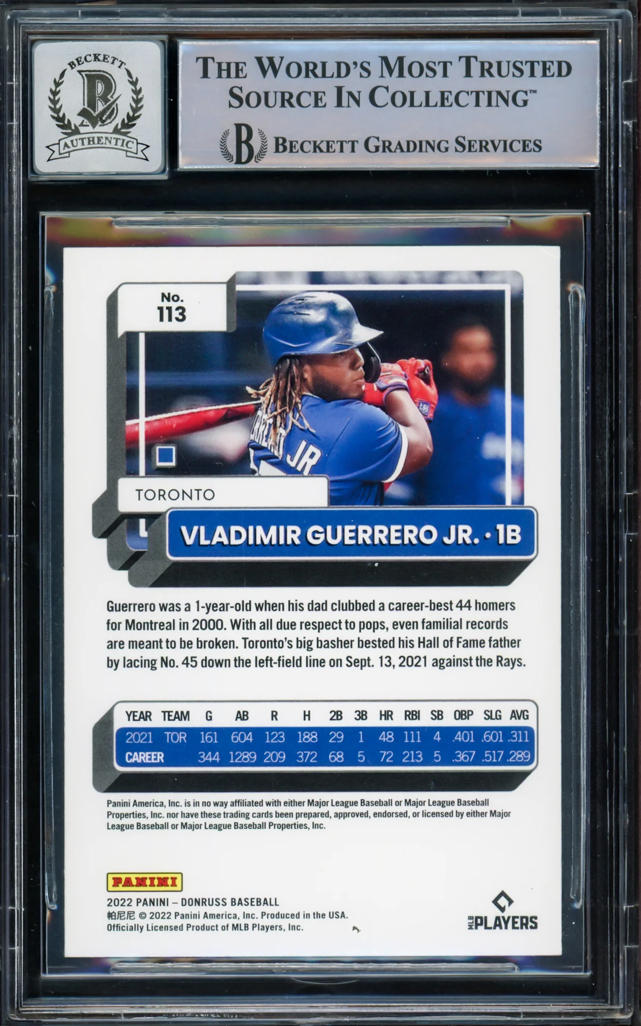 Vladimir Guerrero Jr. Autographed 2022 Donruss Card #113 Toronto Blue Jays Auto Grade Gem Mint 10 Beckett BAS #15773059 - Image 2