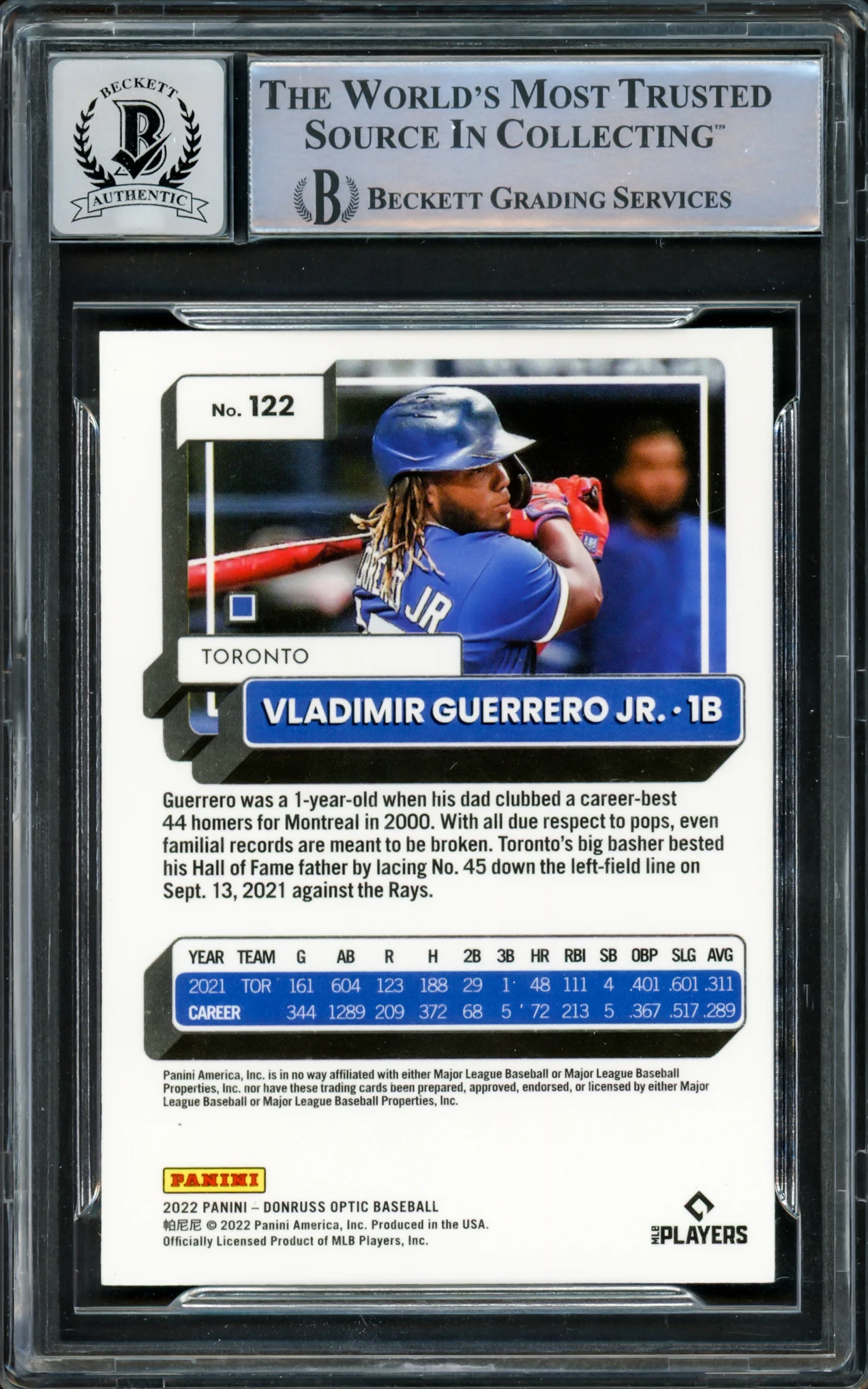 Vladimir Guerrero Jr. Autographed 2022 Donruss Optic Card #122 Toronto Blue Jays Auto Grade Gem Mint 10 Beckett BAS #15859855 - Image 2