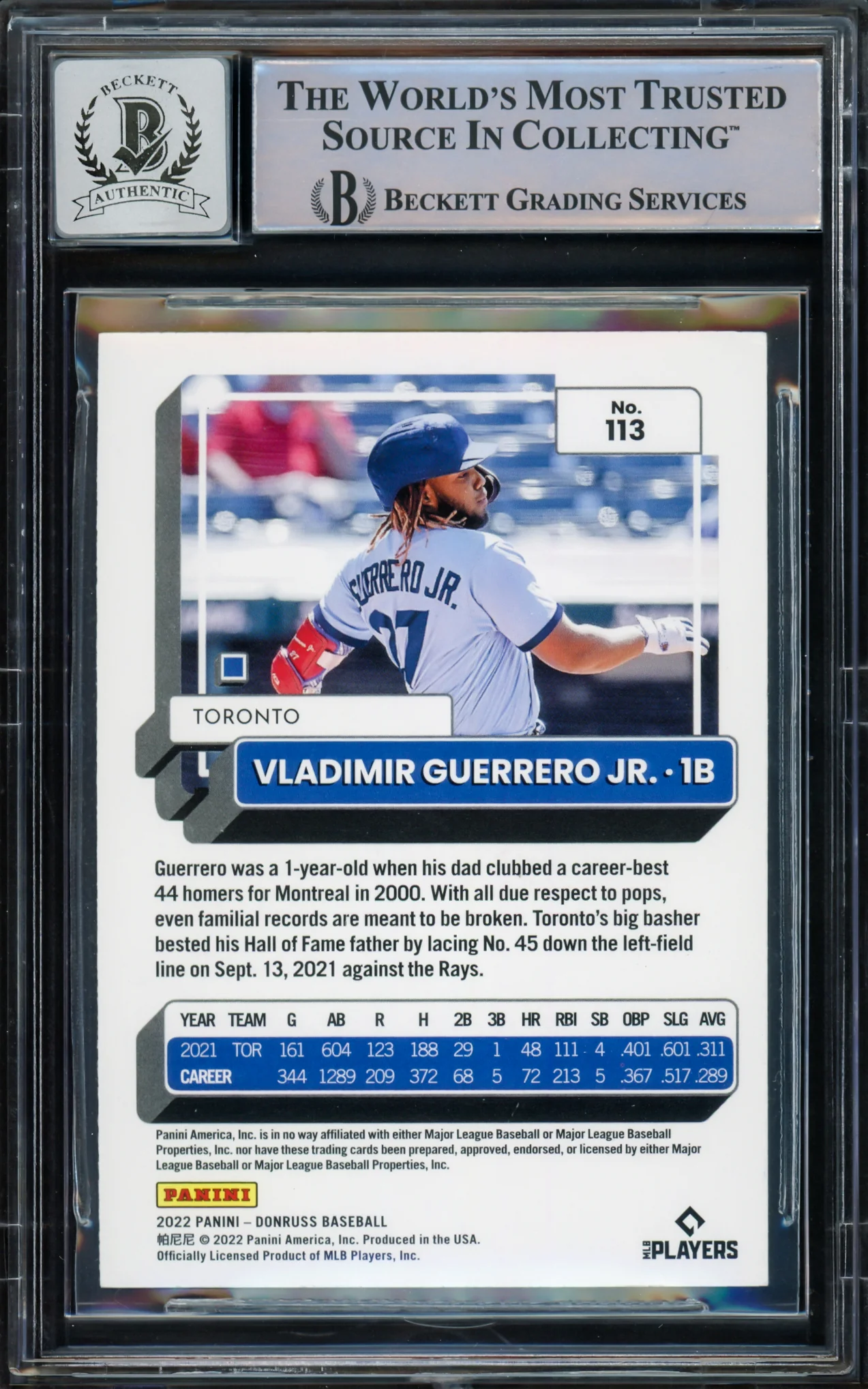 Vladimir Guerrero Jr. Autographed 2022 Donruss Variations Card #113 Toronto Blue Jays Auto Grade Gem Mint 10 Beckett BAS #15773060 - Image 2
