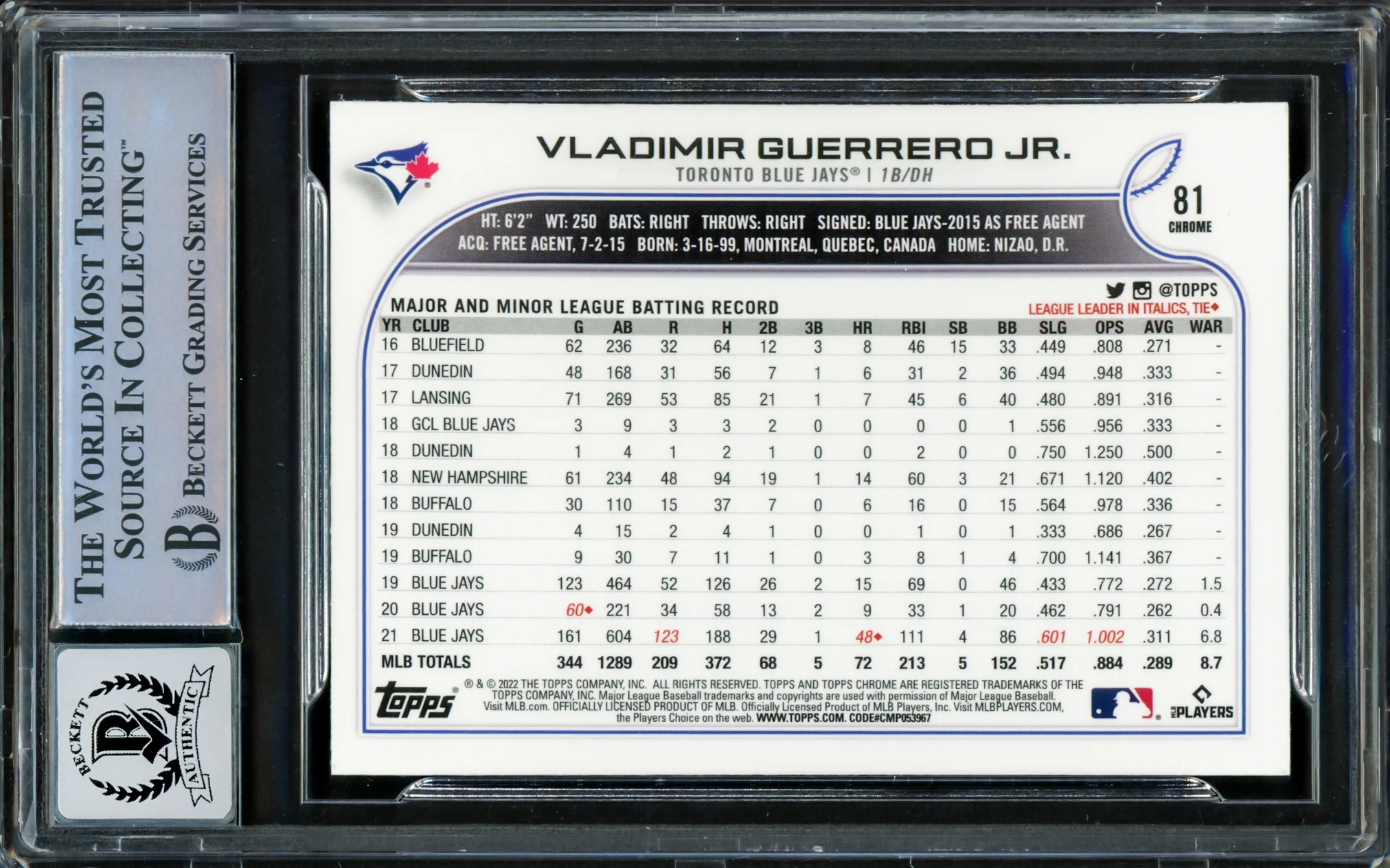 Vladimir Guerrero Jr. Autographed 2022 Topps Chrome Card #81 Toronto Blue Jays Auto Grade Gem Mint 10 Beckett BAS Stock #222877 - Image 2