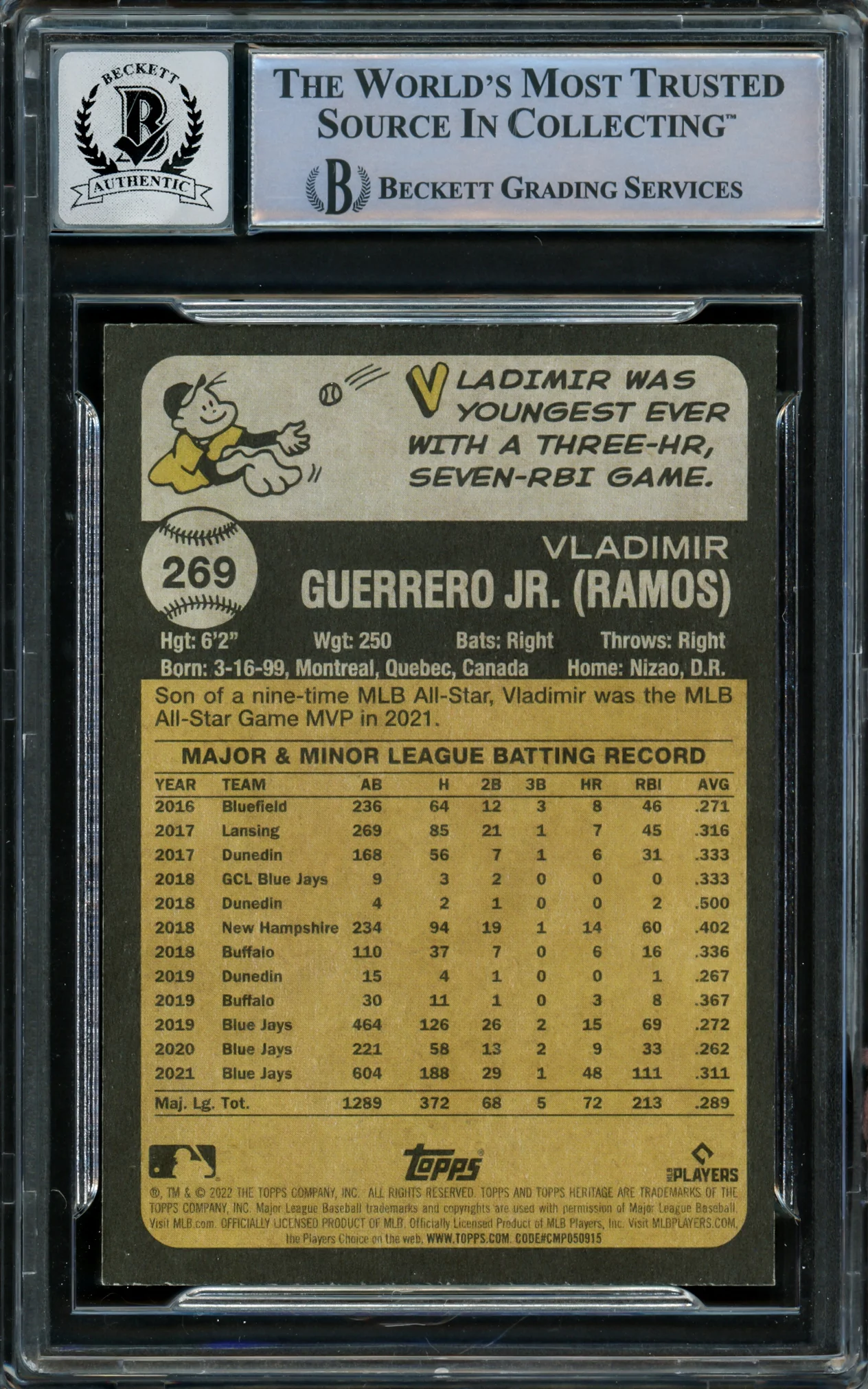Vladimir Guerrero Jr. Autographed 2022 Topps Heritage Card #269 Toronto Blue Jays Auto Grade Gem Mint 10 Beckett BAS #16338992 - Image 2