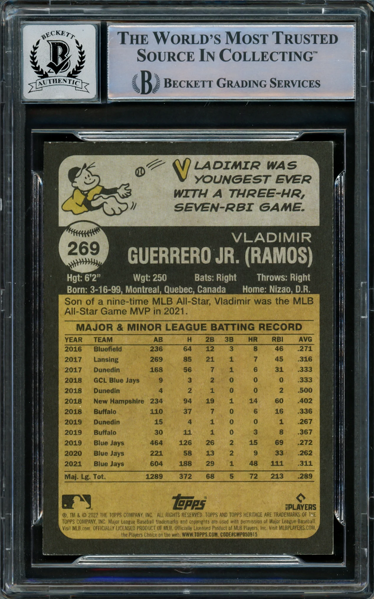 Vladimir Guerrero Jr. Autographed 2022 Topps Heritage Card #269 Toronto Blue Jays Auto Grade Gem Mint 10 Beckett BAS #16338994 - Image 2