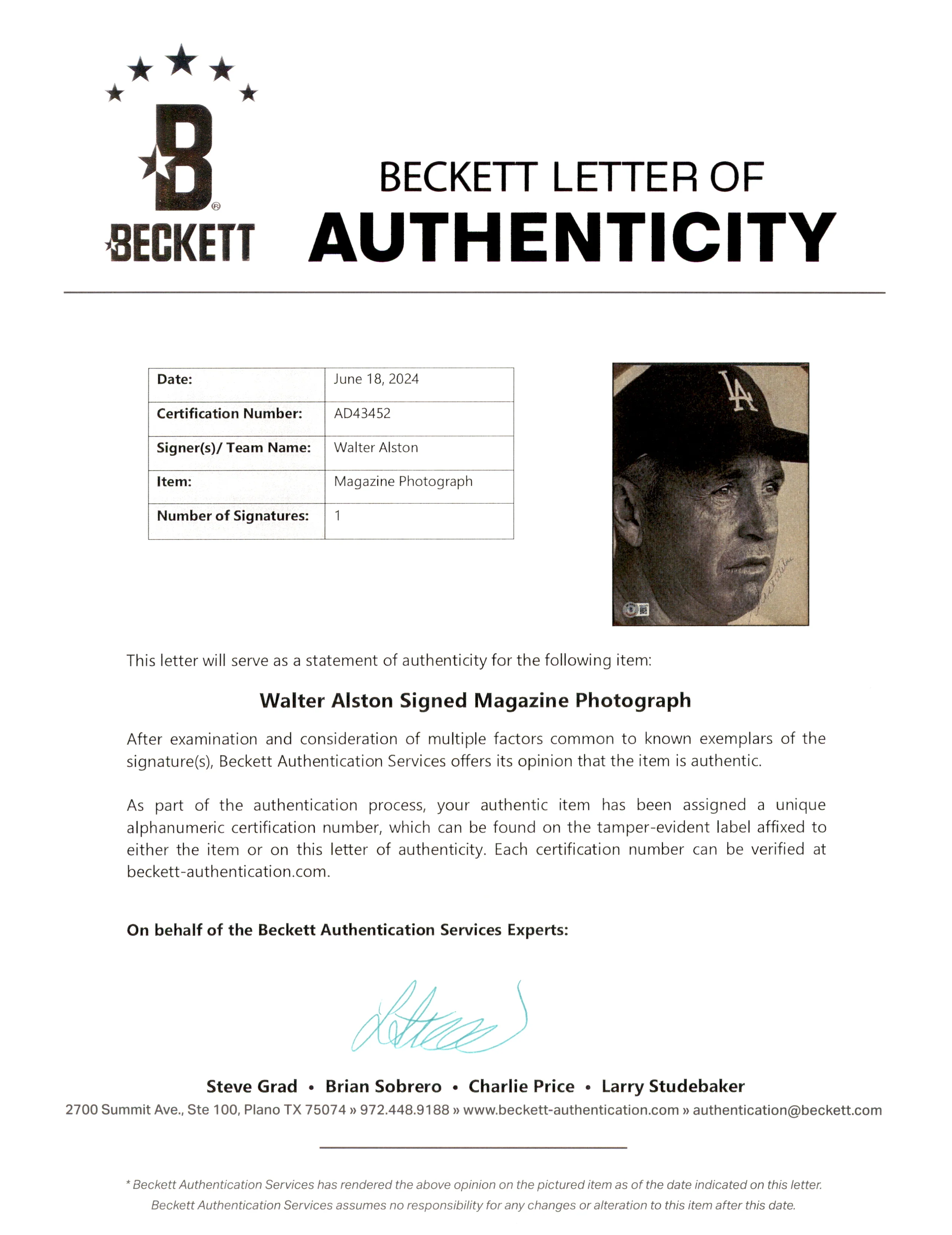 Walter Alston Autographed 8x10 Magazine Page Photo Los Angeles Dodgers Beckett BAS #AD43452 - Image 3