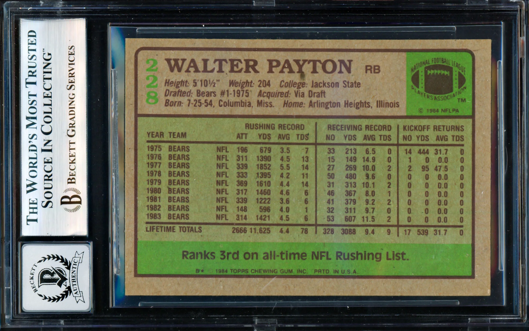 Walter Payton Autographed 1984 Topps Card #228 Chicago Bears Auto Grade Gem Mint 10 Beckett BAS #19823367 - Image 2