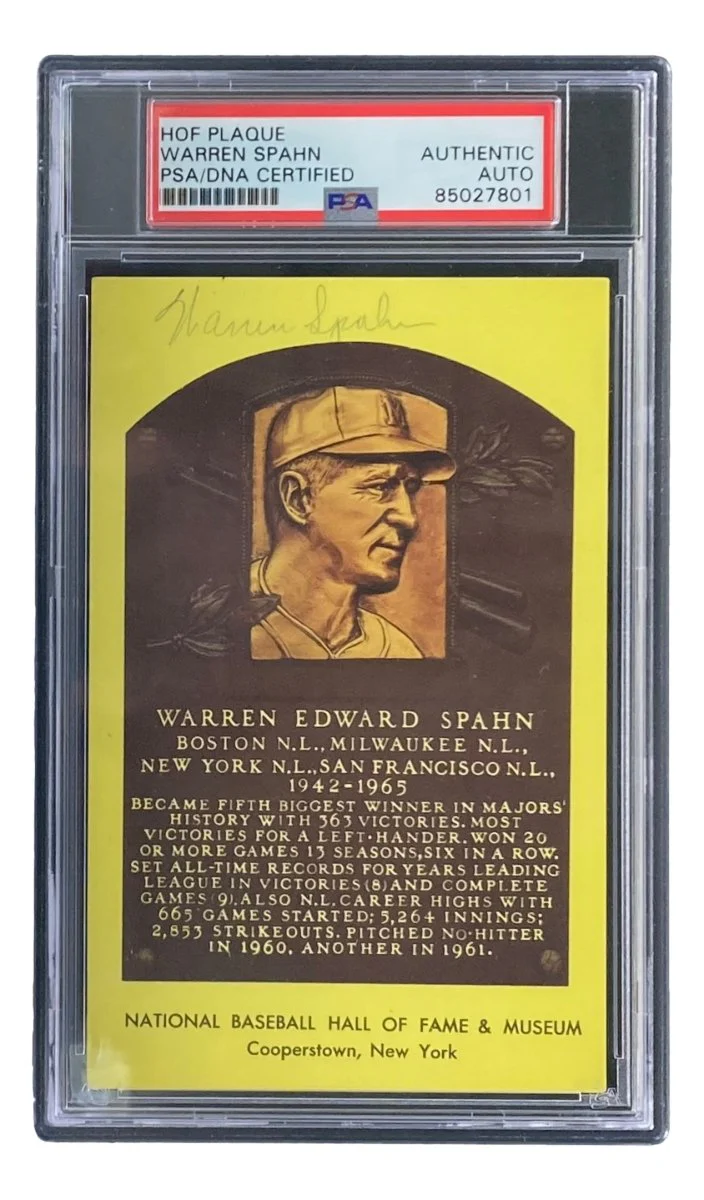 Warren Spahn Signed 4x6 Milwaukee Braves Hall Of Fame Plaque Card PSA/DNA 85027801