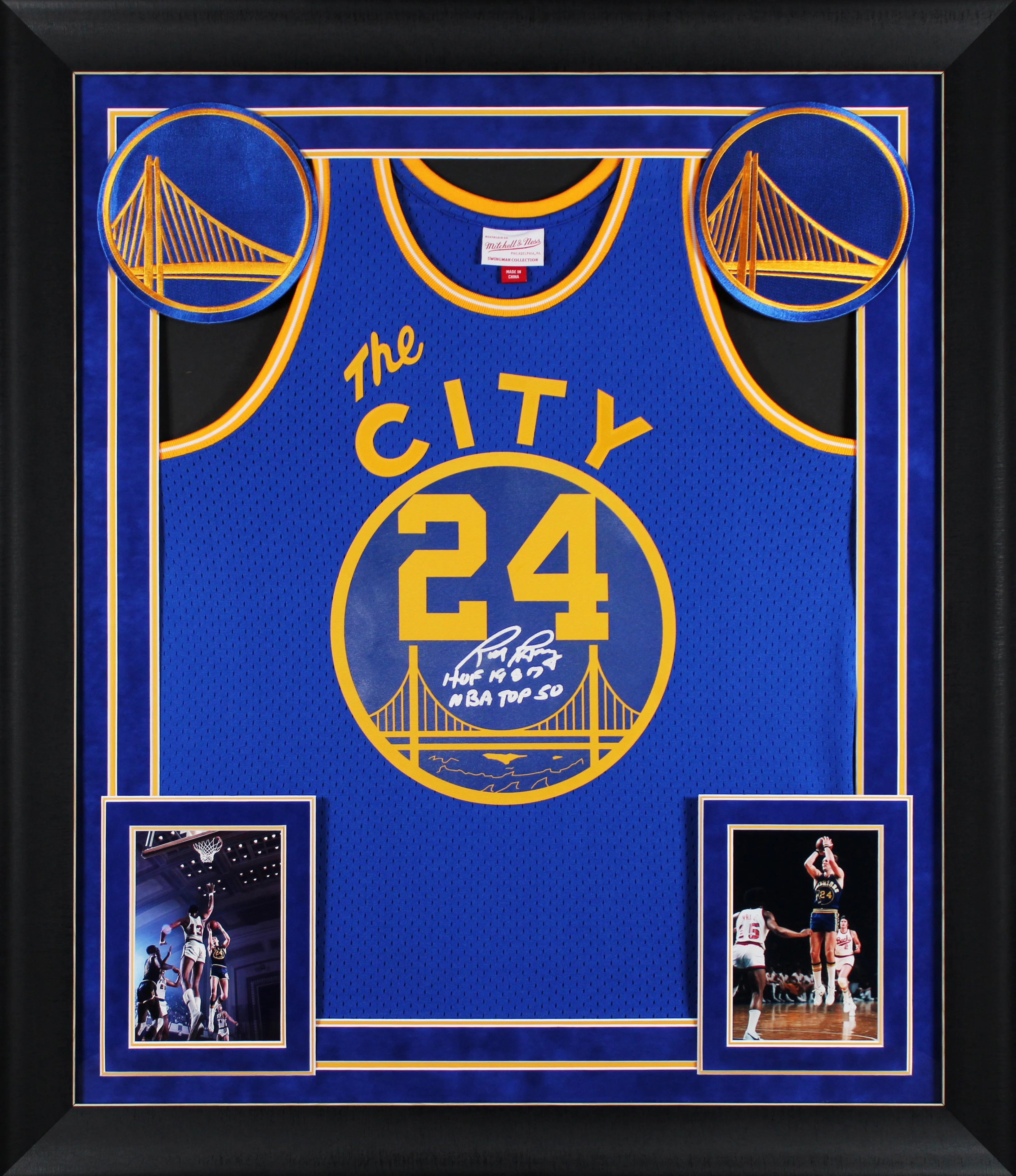 Warriors Rick Barry "2x Insc" Signed Blue M&N TB Swingman Framed Jersey BAS Wit - Image 2