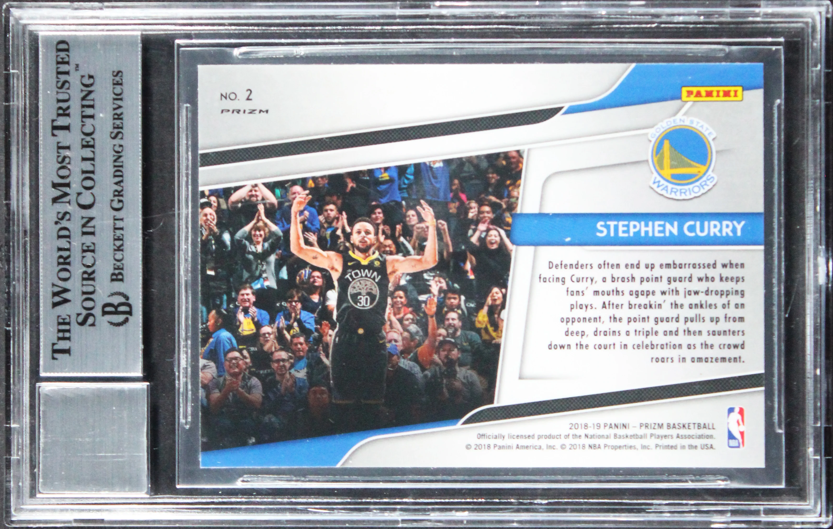 Warriors Stephen Curry Signed 2018 Panini Prizm Green #2 Card Auto 10! BAS Slab - Image 3