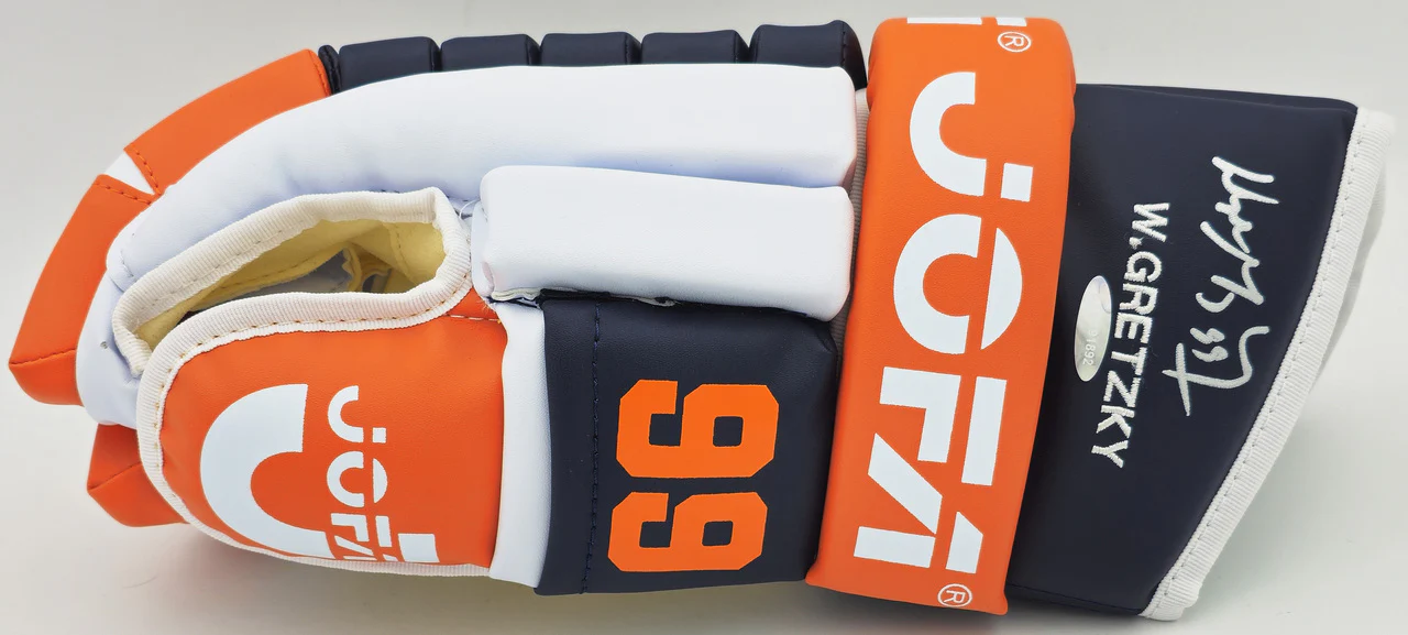 Wayne Gretzky Autographed Pair of Navy Blue & Orange Jofa Authentic 1989 Hockey Gloves Edmonton Oilers "99" UDA Holo #BAM191892 - Image 2