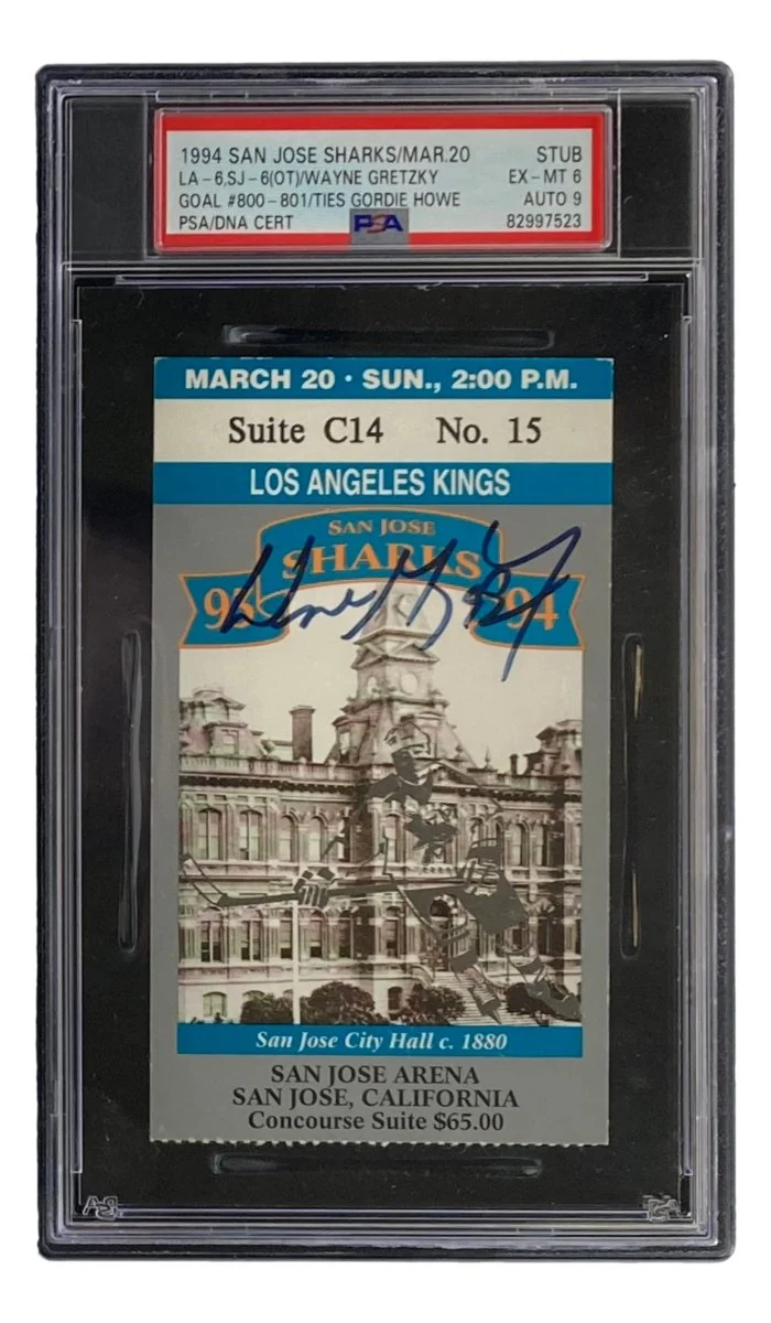 Wayne Gretzky Signed 1994 LA Kings vs Sharks Goal 800 Game Ticket PSA 6 Auto 9