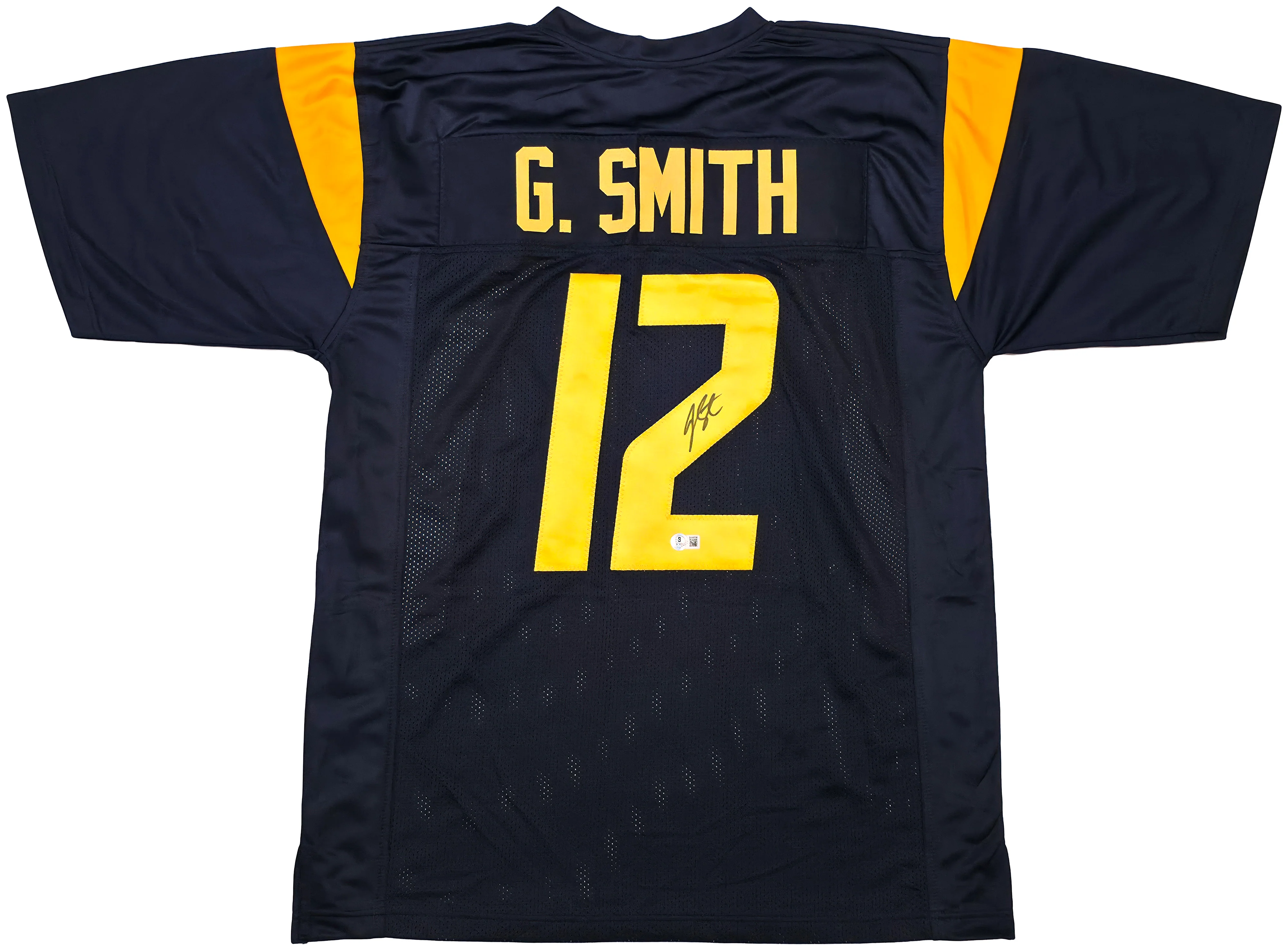 West Virginia Mountaineer Geno Smith Autographed Blue Jersey Beckett BAS Witness Stock #254165