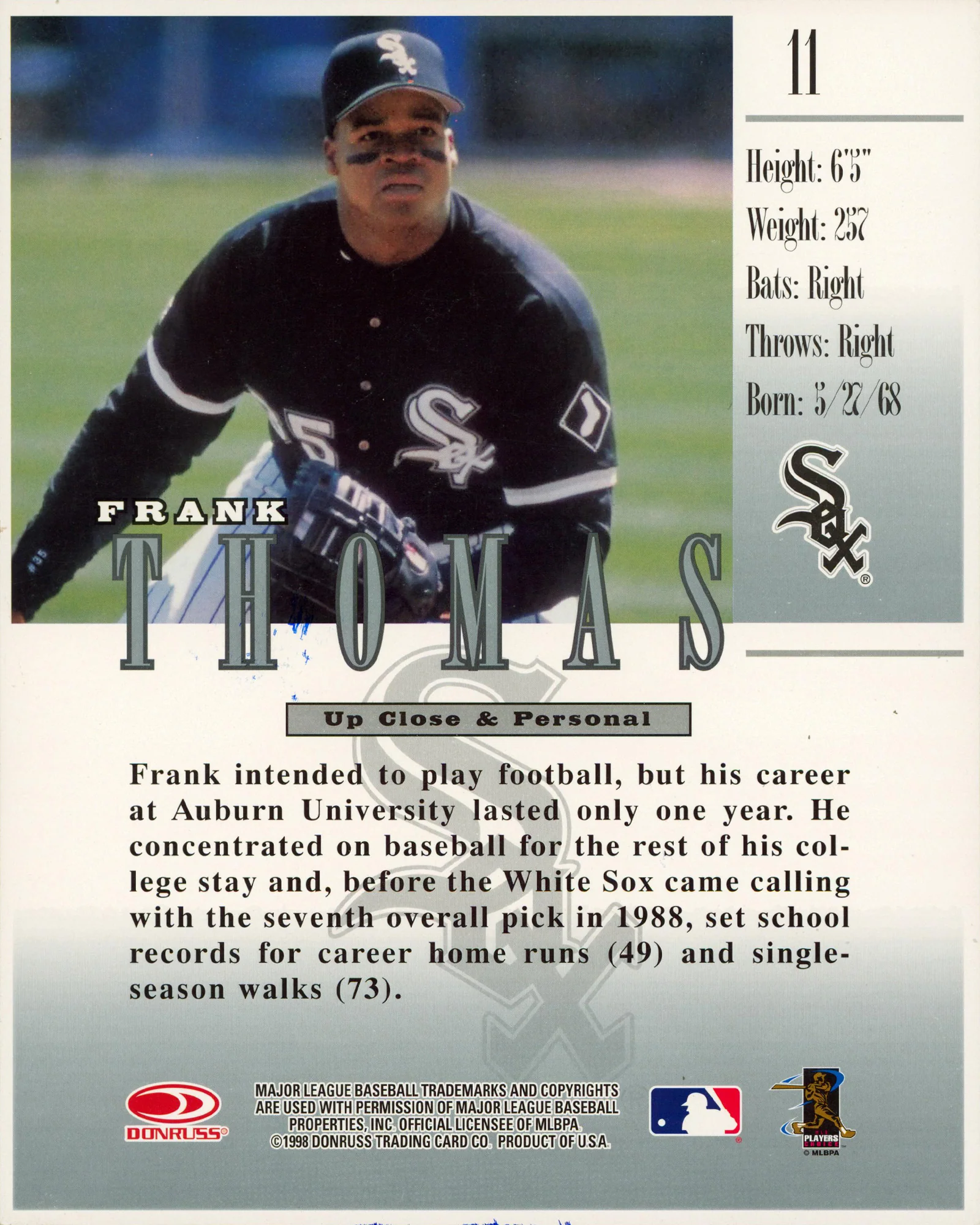 White Sox Frank Thomas Signed 8.5x11 1998 Donruss #11 Trading Card JSA #CD80557 - Image 3