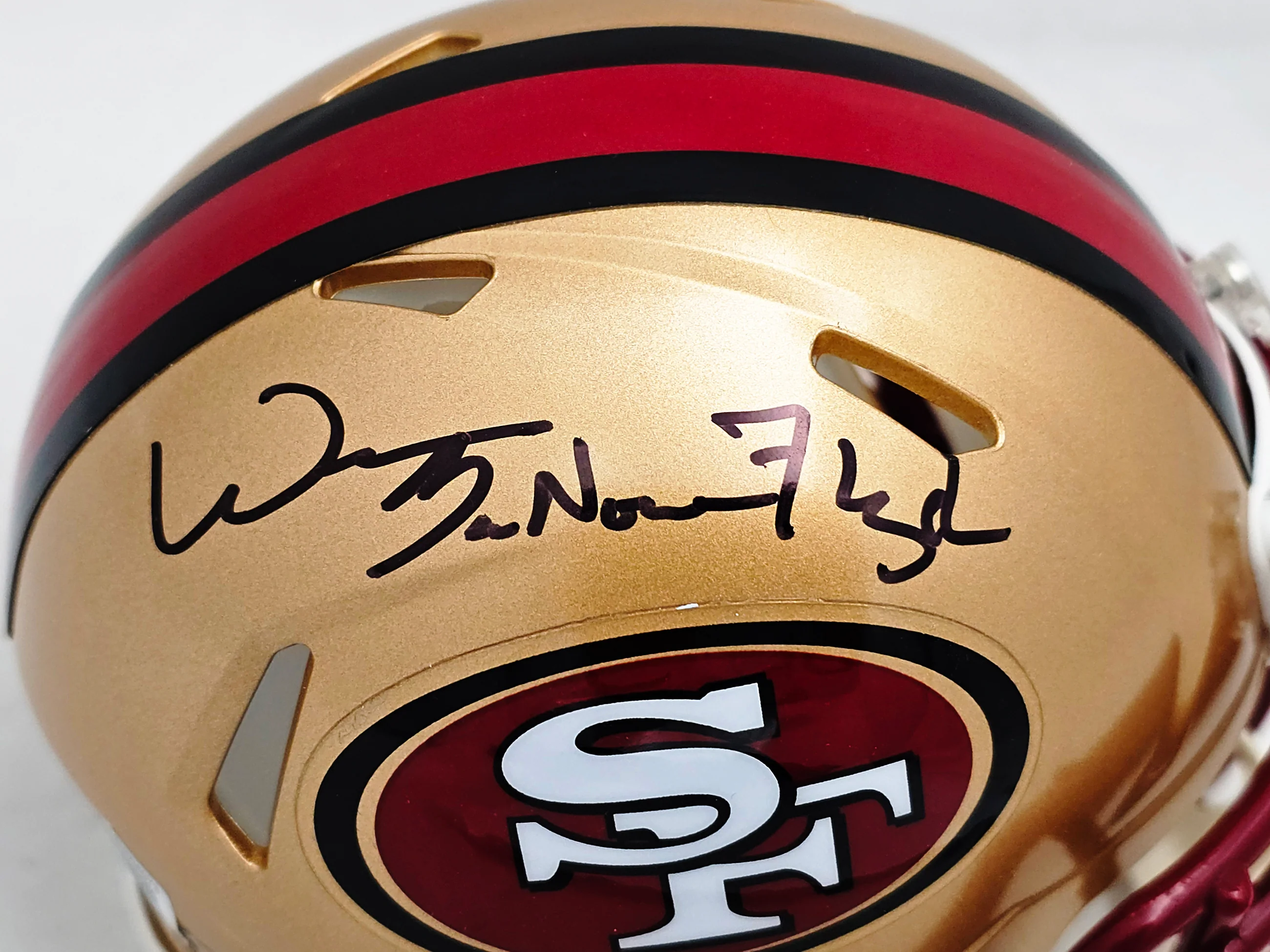 William Floyd Autographed San Francisco 49ers Gold 96-08 Throwback Speed Mini Helmet "Bar None" Beckett BAS QR Stock #221144 - Image 2