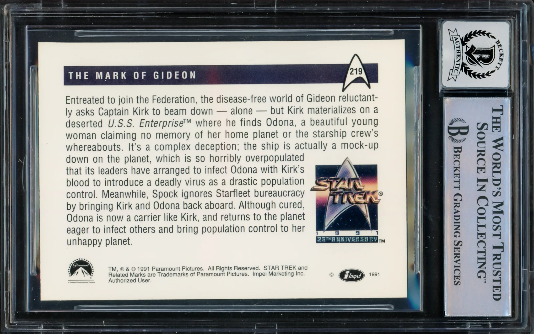 William Shatner Autographed 1991 Impel 25th Anniversary Card #219 Star Trek Captain Kirk Auto Grade Gem Mint 10 Beckett BAS #16580501 - Image 2