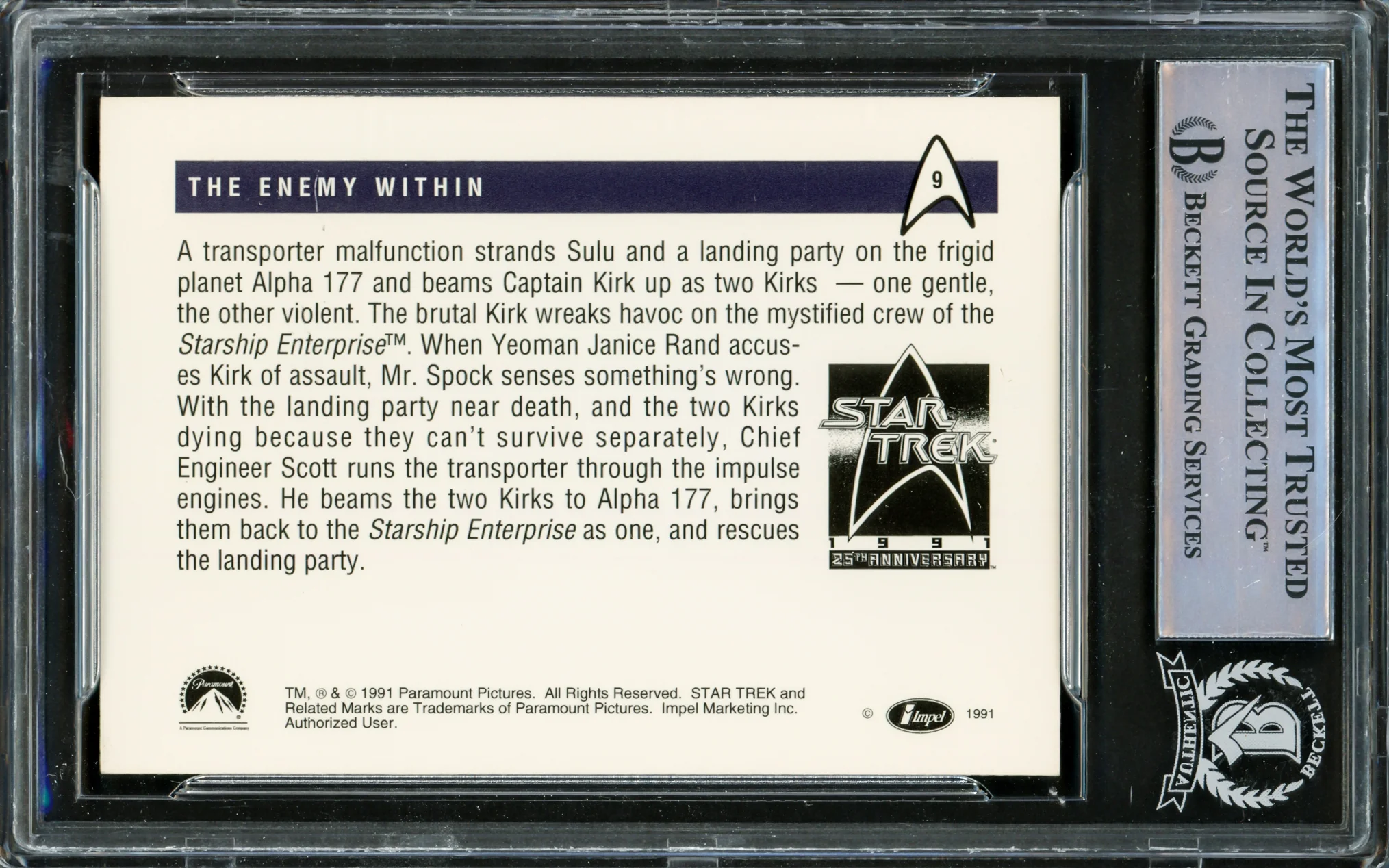 William Shatner Autographed 1991 Impel 25th Anniversary Card #9 Star Trek Captain Kirk Beckett BAS #16581069 - Image 2