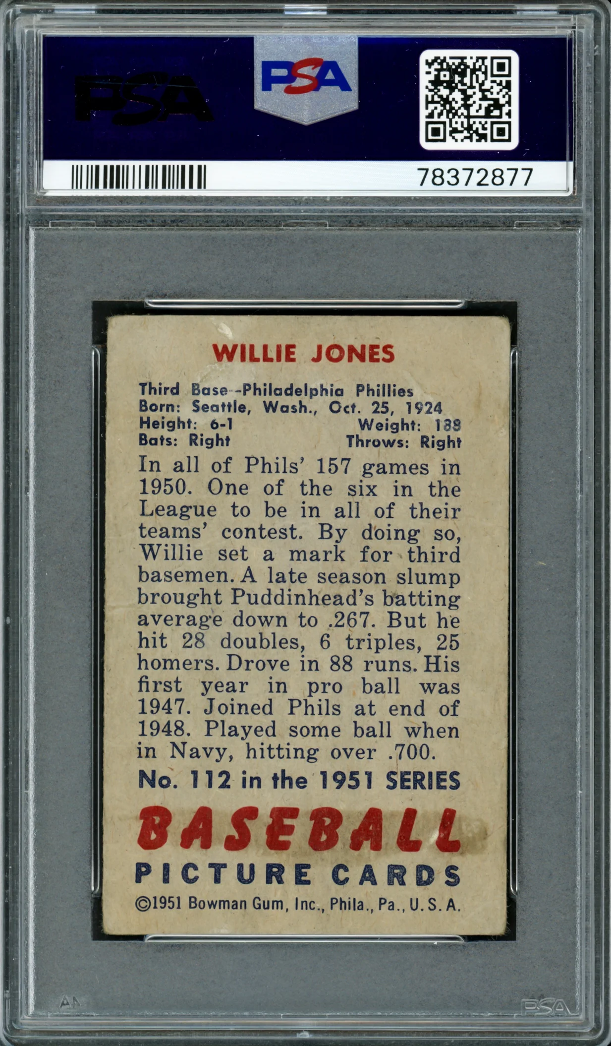 Willie Jones Autographed 1951 Bowman Card #112 Philadelphia Phillies PSA/DNA #78372877 - Image 2