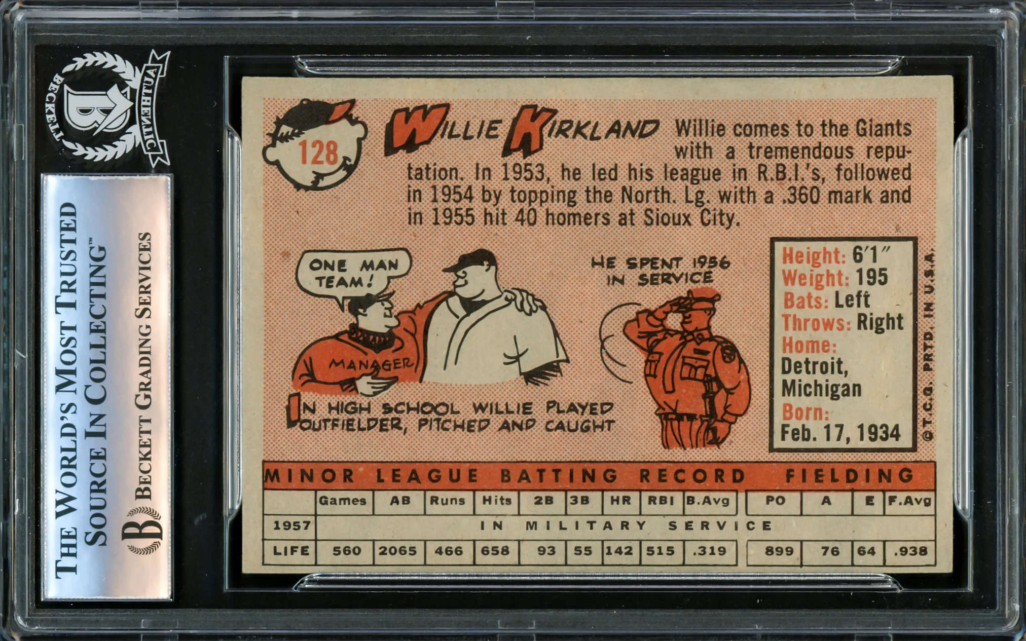 Willie Kirkland Autographed 1958 Topps Rookie Card #128 San Francisco Giants Beckett BAS #16340840 - Image 2
