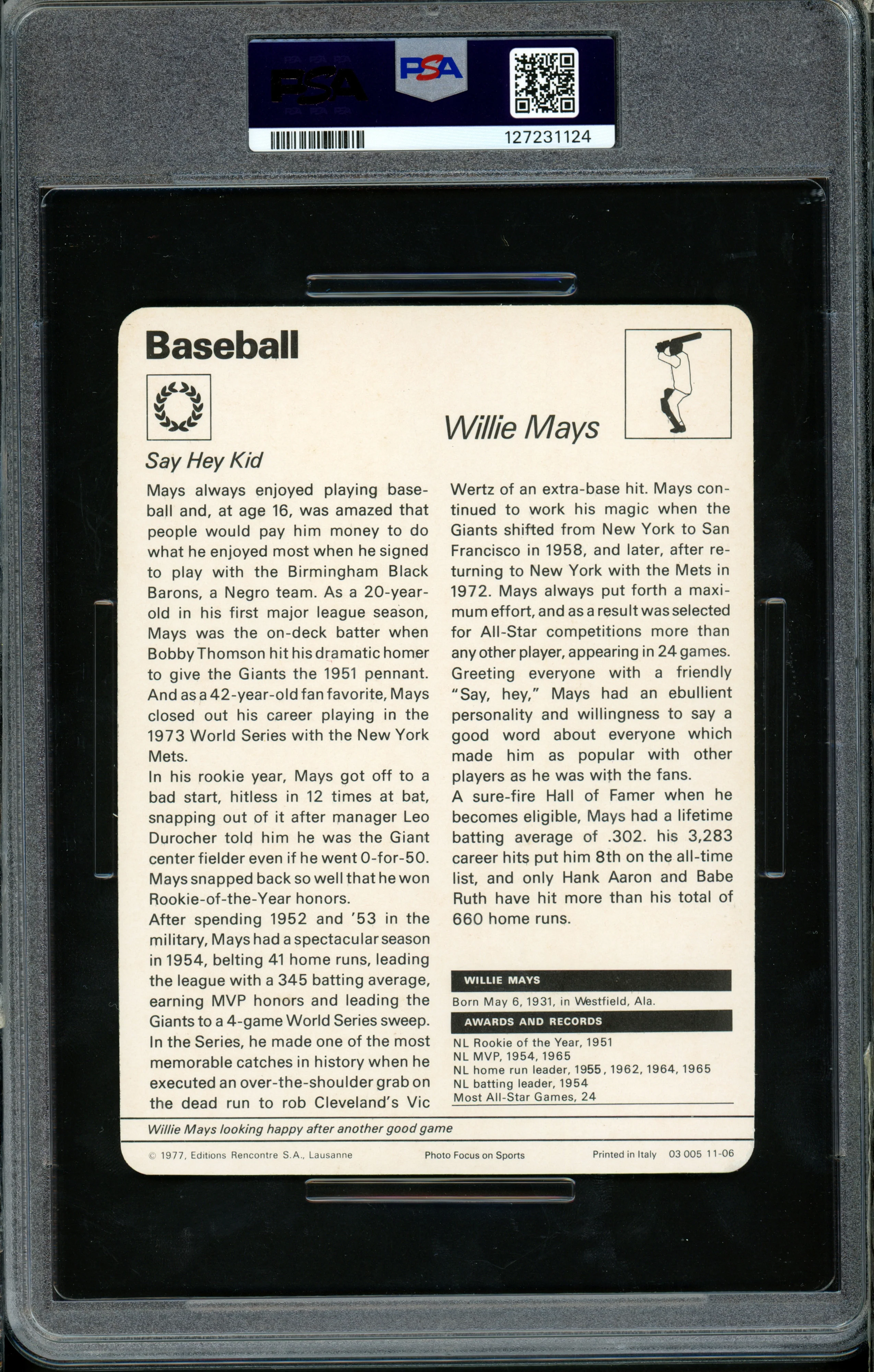 Willie Mays 1977-79 Sportscaster Card #11-06 New York Mets PSA 9 #127231124 - Image 2