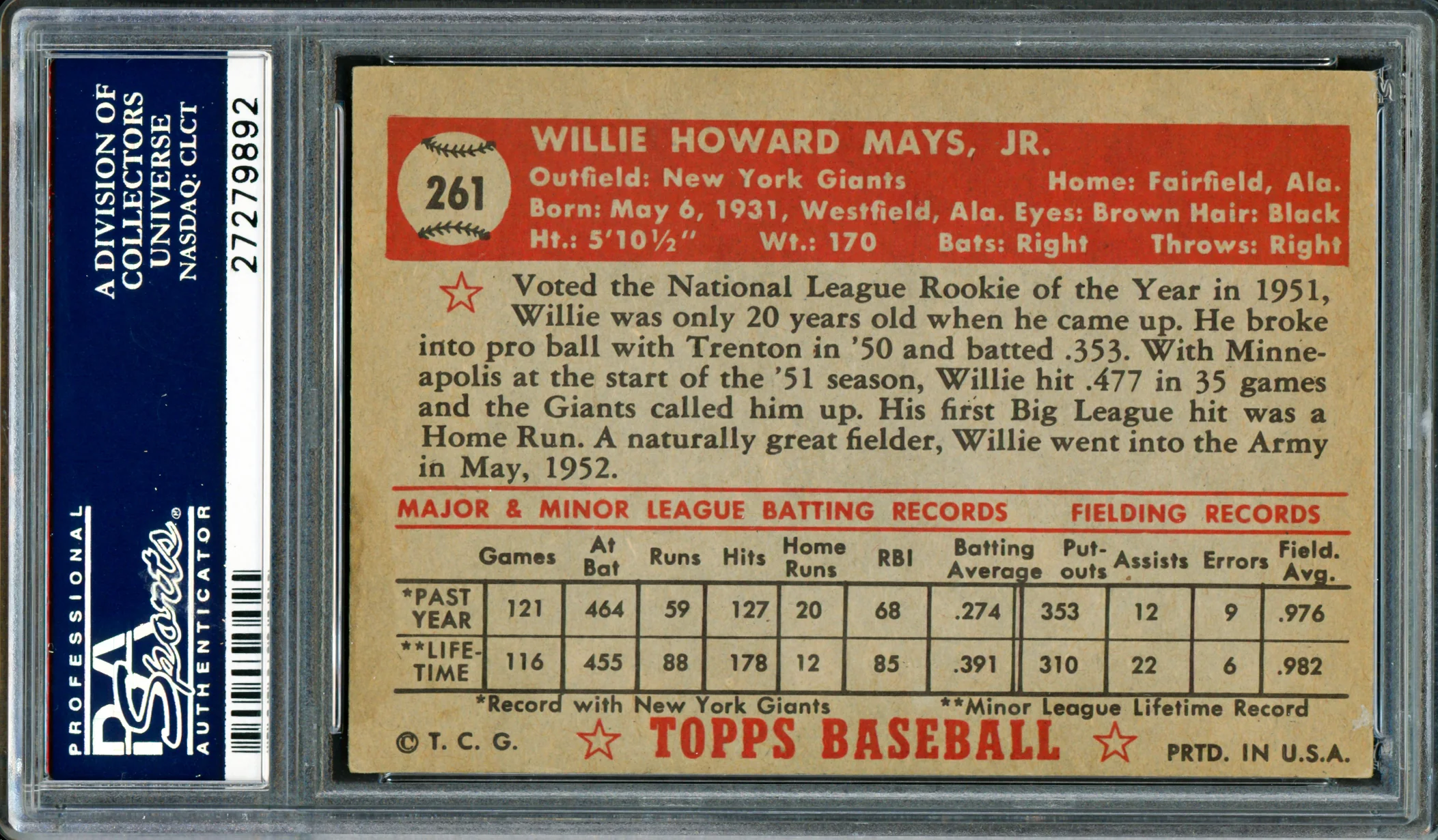 Willie Mays Autographed 1952 Topps Rookie Card #261 New York Giants Vintage Rookie Signature PSA/DNA #27279892 - Image 2