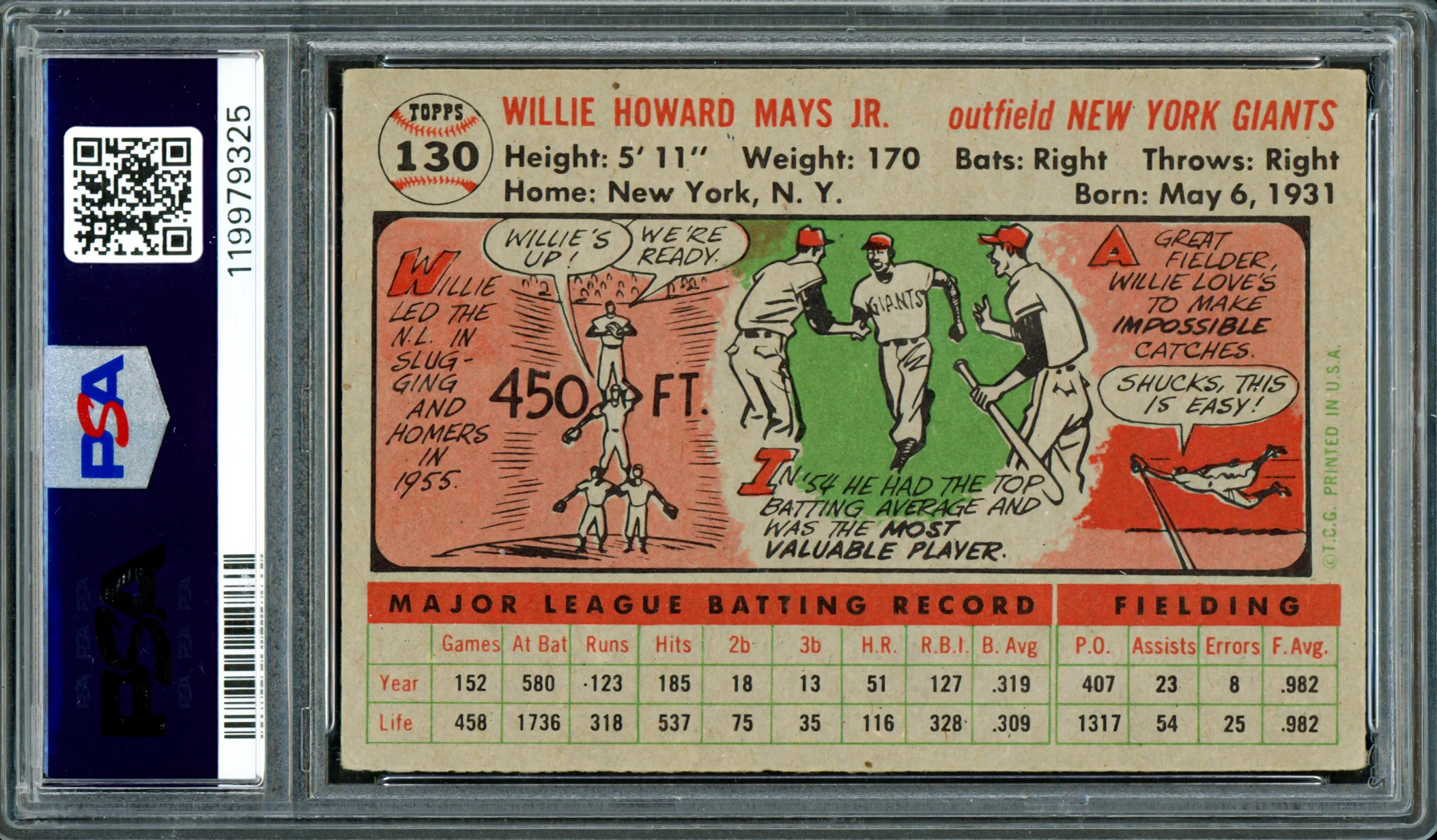 Willie Mays Autographed 1956 Topps Card #130 New York Giants PSA 2 Auto Grade 7 PSA/DNA #119979325 - Image 2