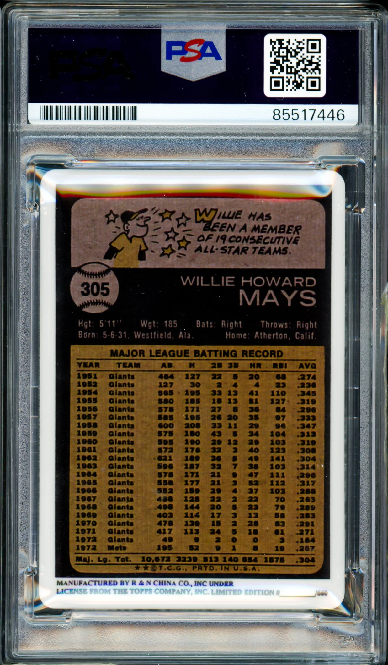 Willie Mays Autographed 1973 Topps Porcelain Card #305 New York Mets Auto Grade Gem Mint 10 "660 HR" PSA/DNA #85517446 - Image 2
