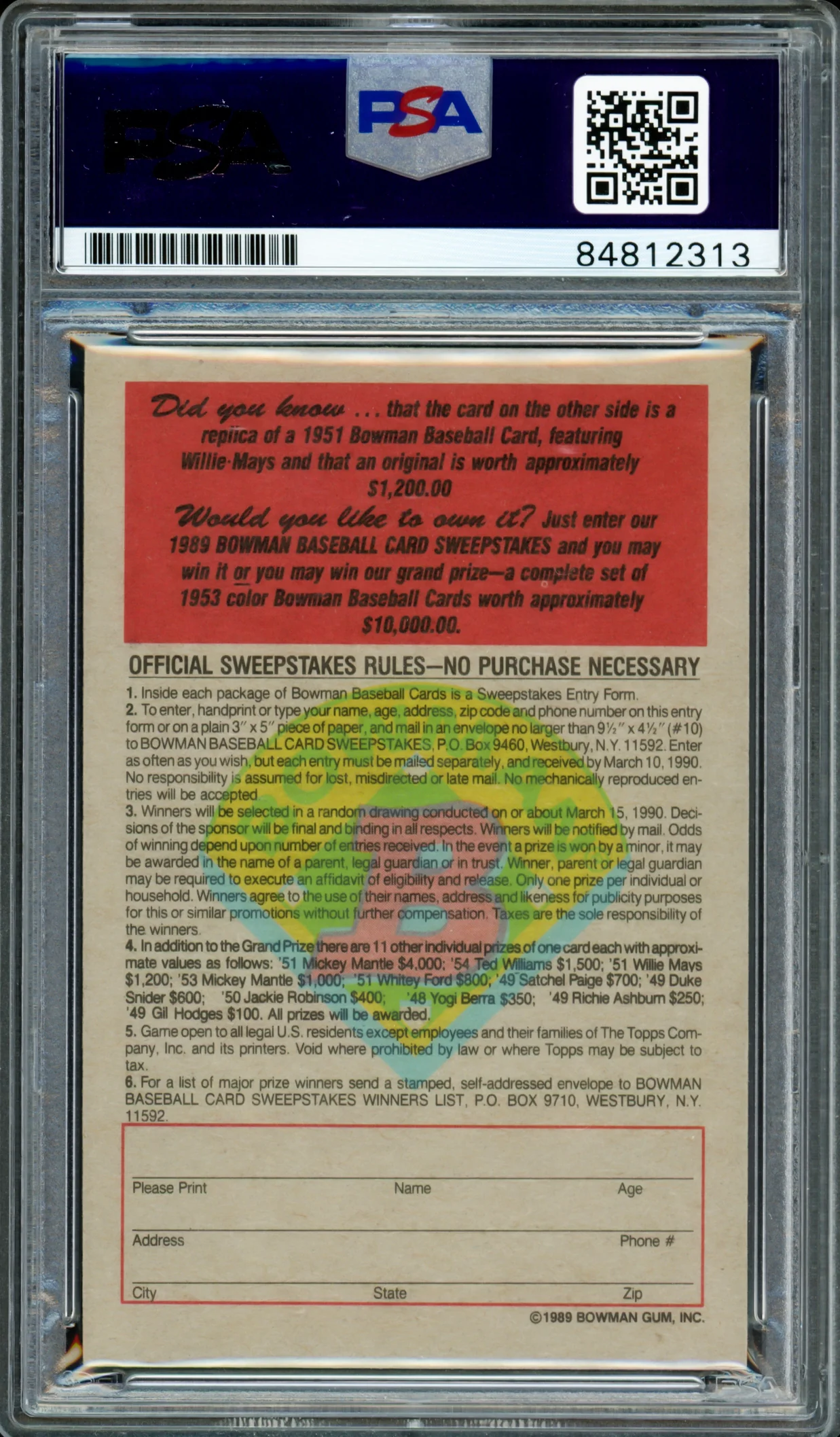 Willie Mays Autographed 1989 Bowman 1951 Rookie Reprint Card New York Giants PSA/DNA #84812313 - Image 2