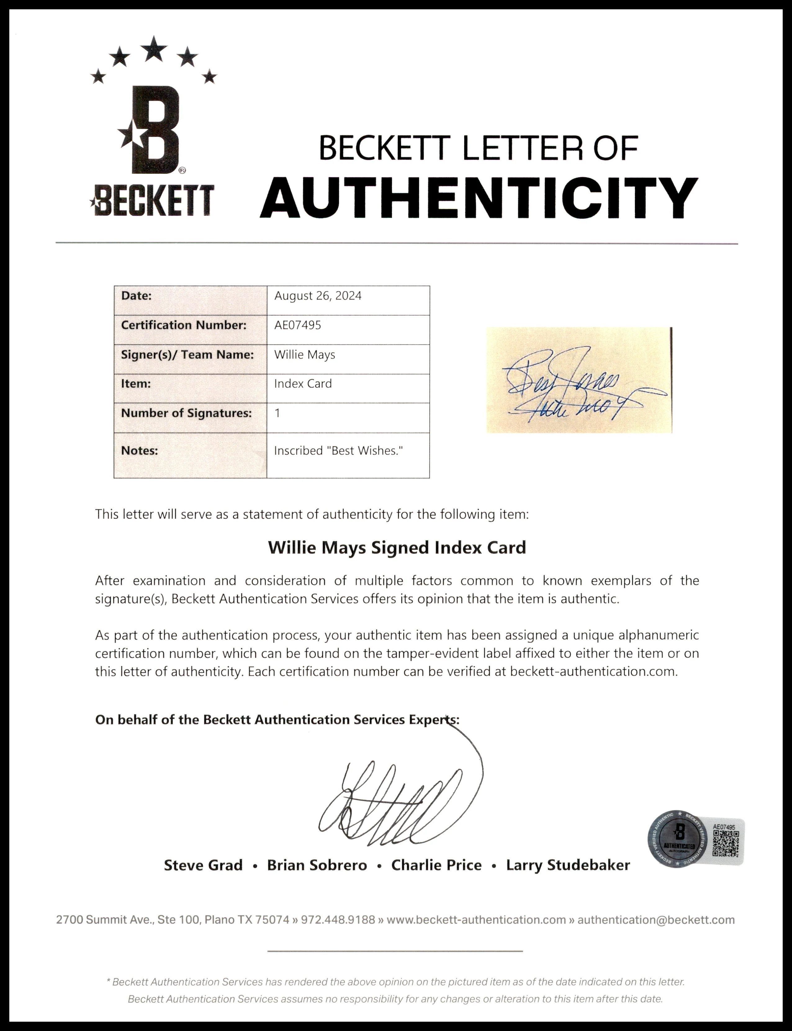 Willie Mays Autographed 3.5x5.5 Postcard New York Mets "Best Wishes" Beckett BAS #AE07495 - Image 3