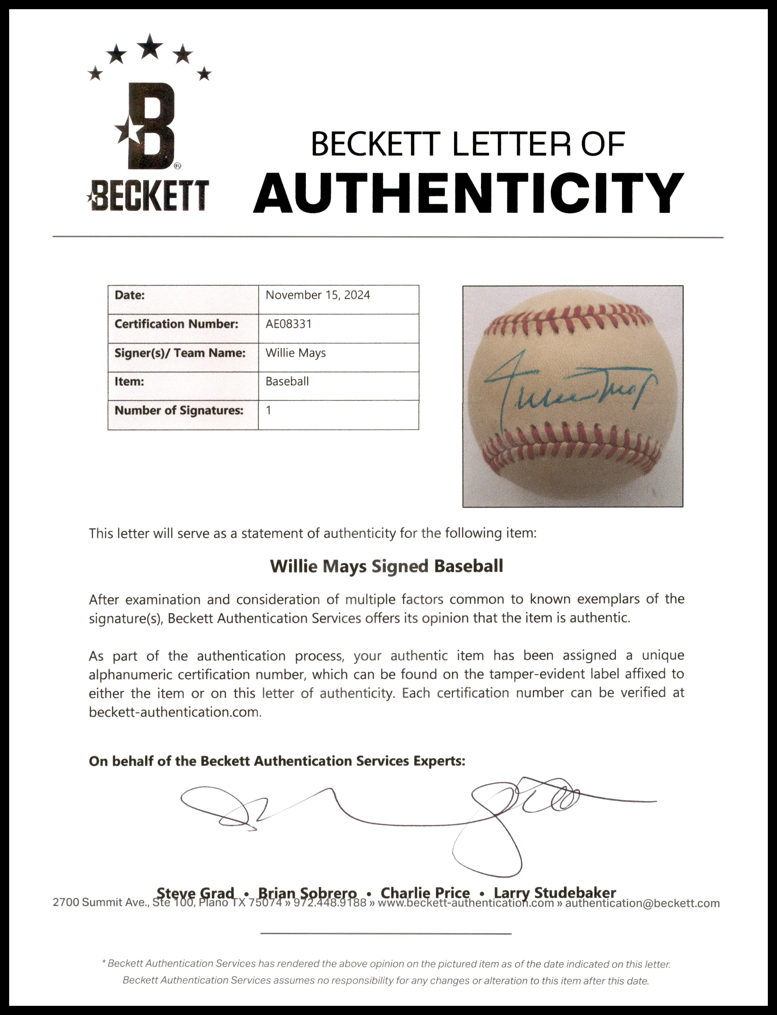 Willie Mays Autographed Official NL Baseball San Francisco Giants Beckett BAS #AE08331 - Image 5