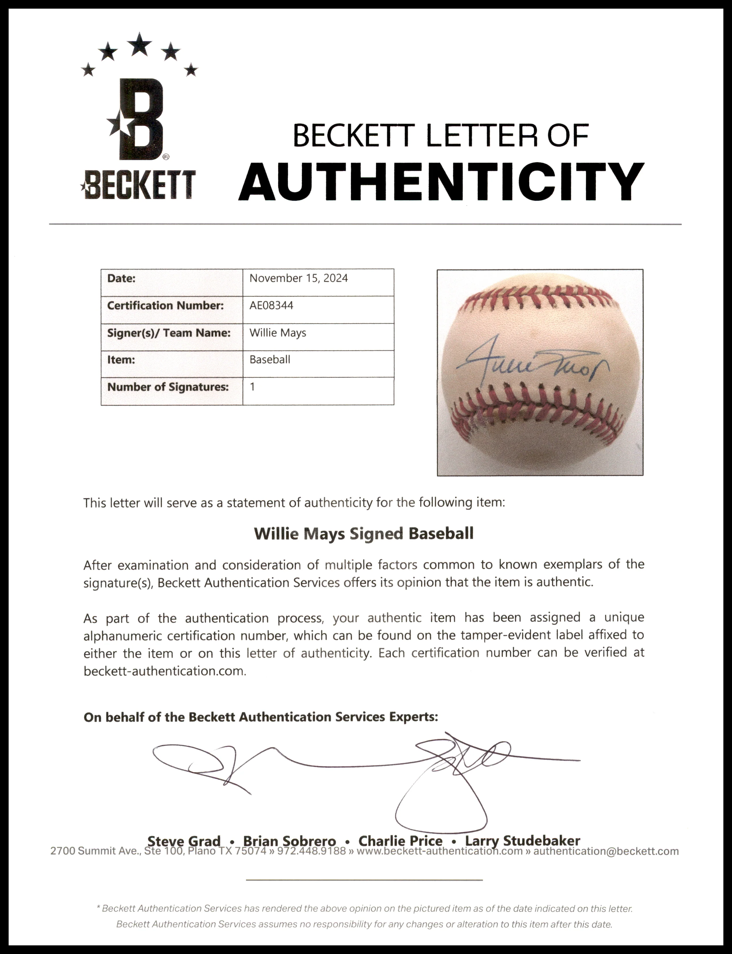 Willie Mays Autographed Official NL Baseball San Francisco Giants Beckett BAS #AE08344 - Image 5