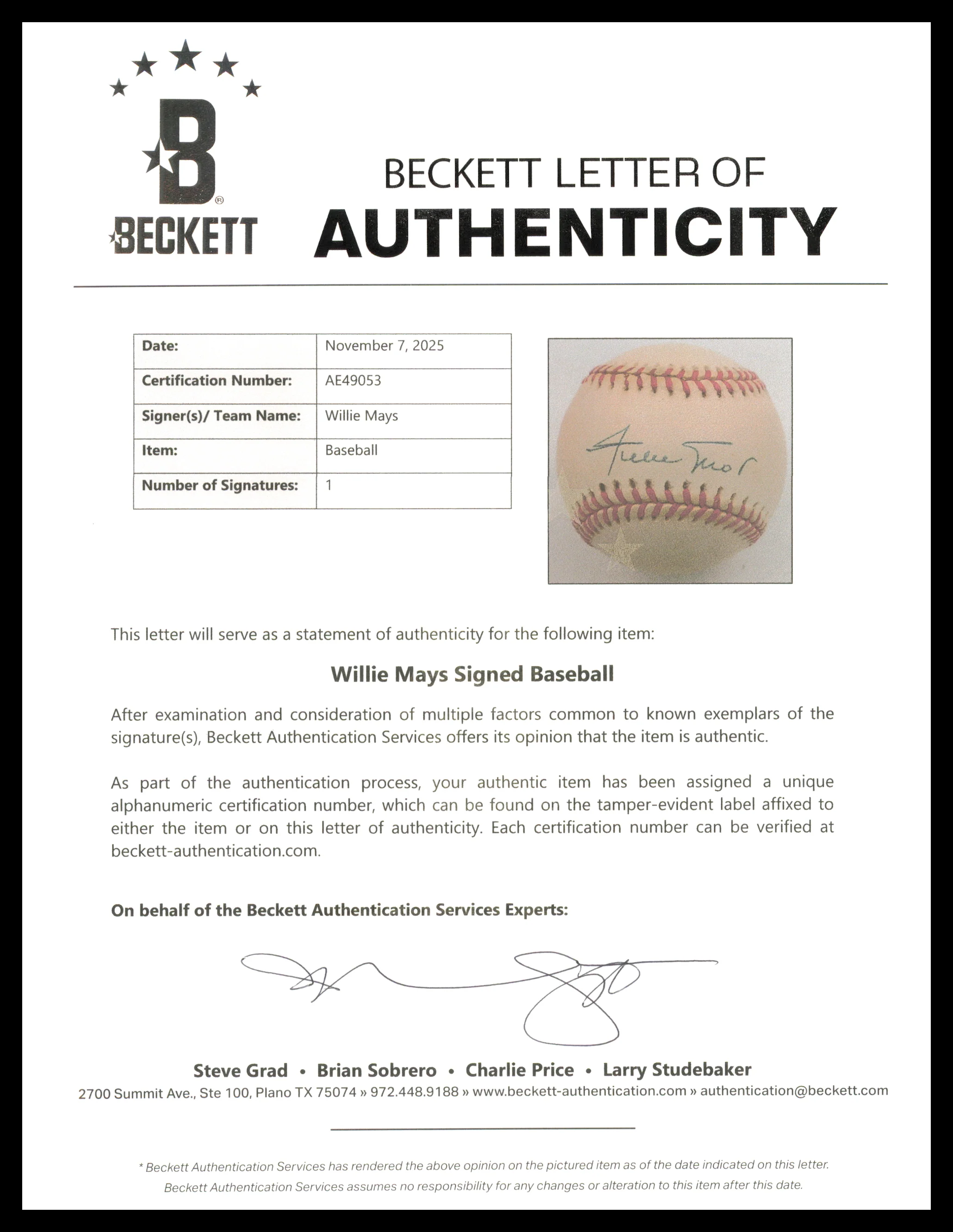 Willie Mays Autographed Official NL Baseball San Francisco Giants Beckett BAS #AE49053 - Image 5