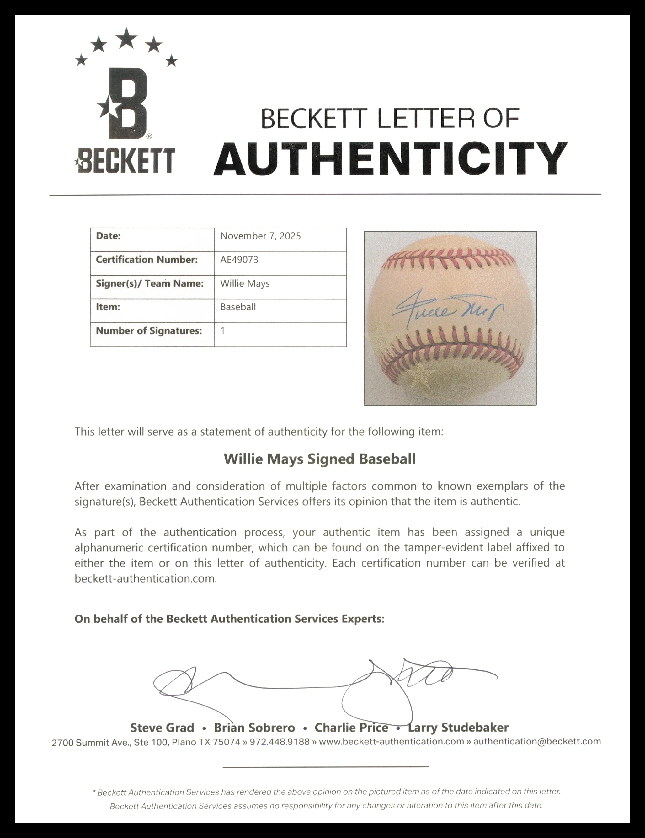 Willie Mays Autographed Official NL Baseball San Francisco Giants Beckett BAS #AE49073 - Image 5