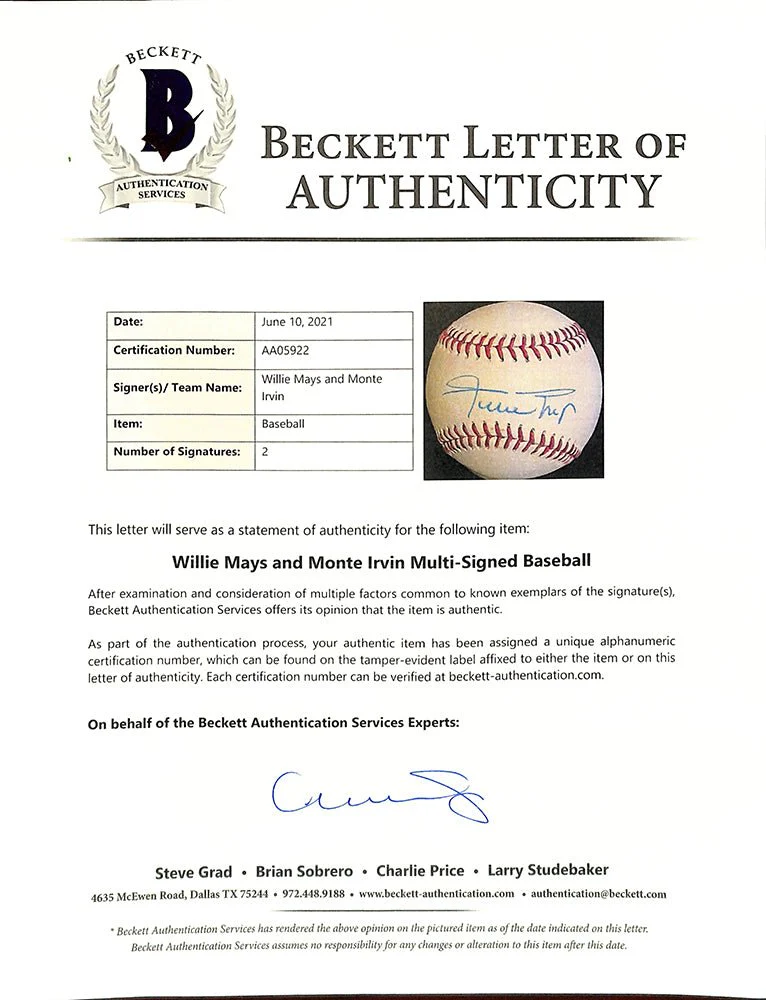 Willie Mays Monte Irvin Dual Signed Giants Baseball BAS LOA AA05922 - Image 4