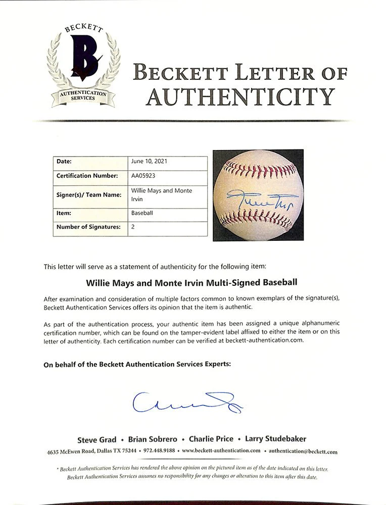 Willie Mays Monte Irvin Dual Signed Giants Baseball BAS LOA AA05923 - Image 4