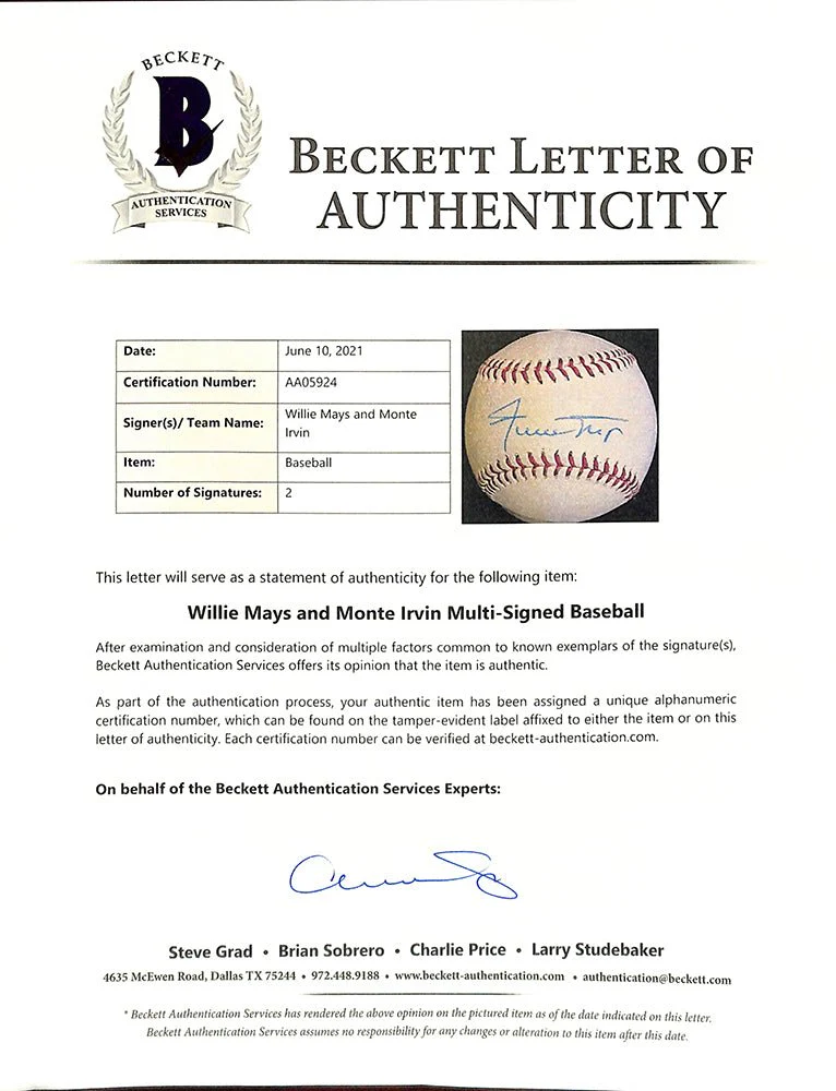 Willie Mays Monte Irvin Dual Signed Giants Baseball BAS LOA AA05924 - Image 4