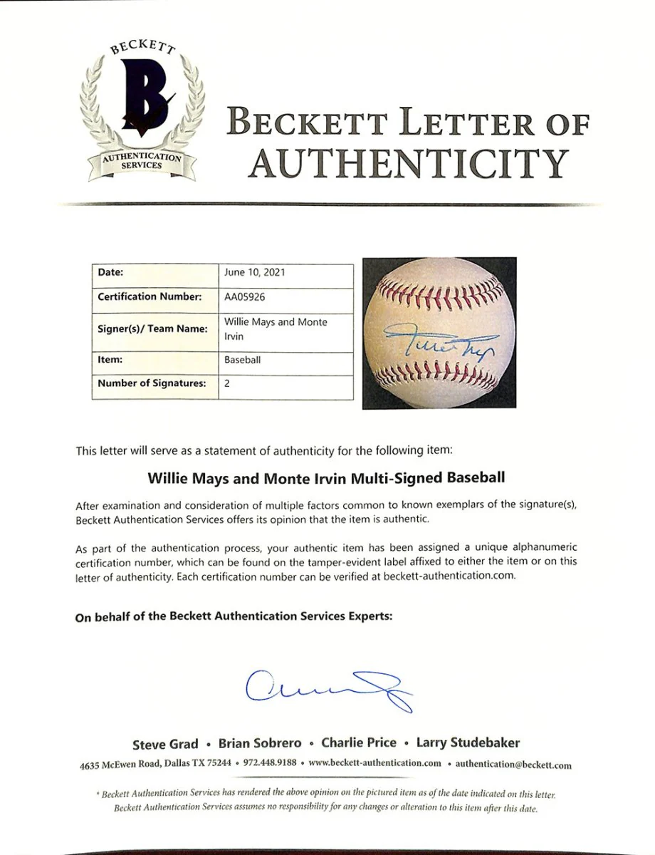 Willie Mays Monte Irvin Dual Signed Giants Baseball BAS LOA AA05926 - Image 4