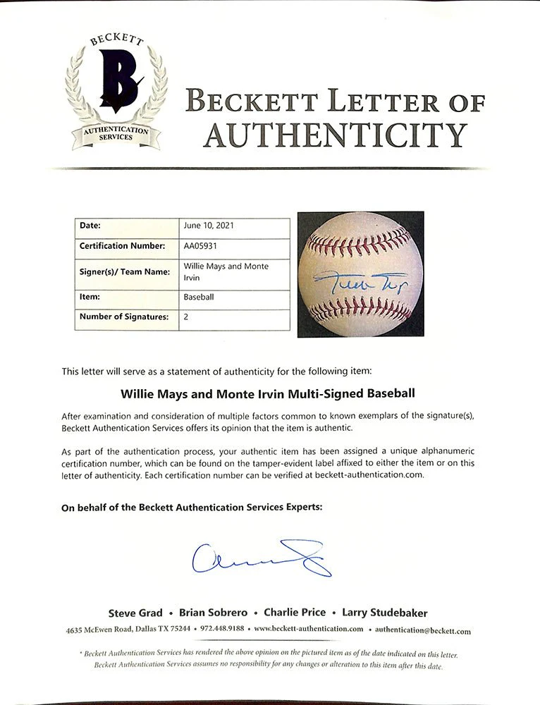 Willie Mays Monte Irvin Dual Signed Giants Baseball BAS LOA AA05931 - Image 4