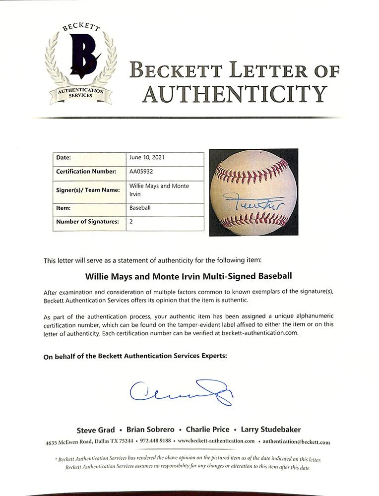 Willie Mays Monte Irvin Dual Signed Giants Baseball BAS LOA AA05932 - Image 4